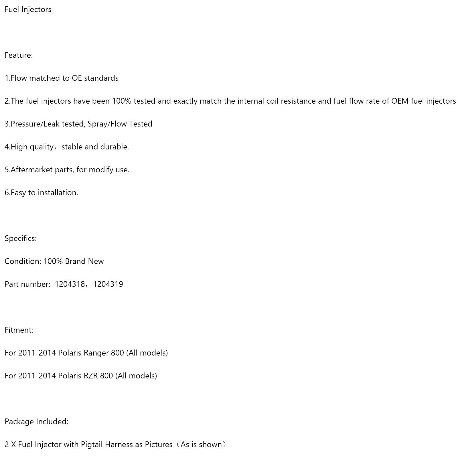 2011-2014 Polaris Ranger 800 Fuel Injectors Harness (PAIR) 1204318 1204319