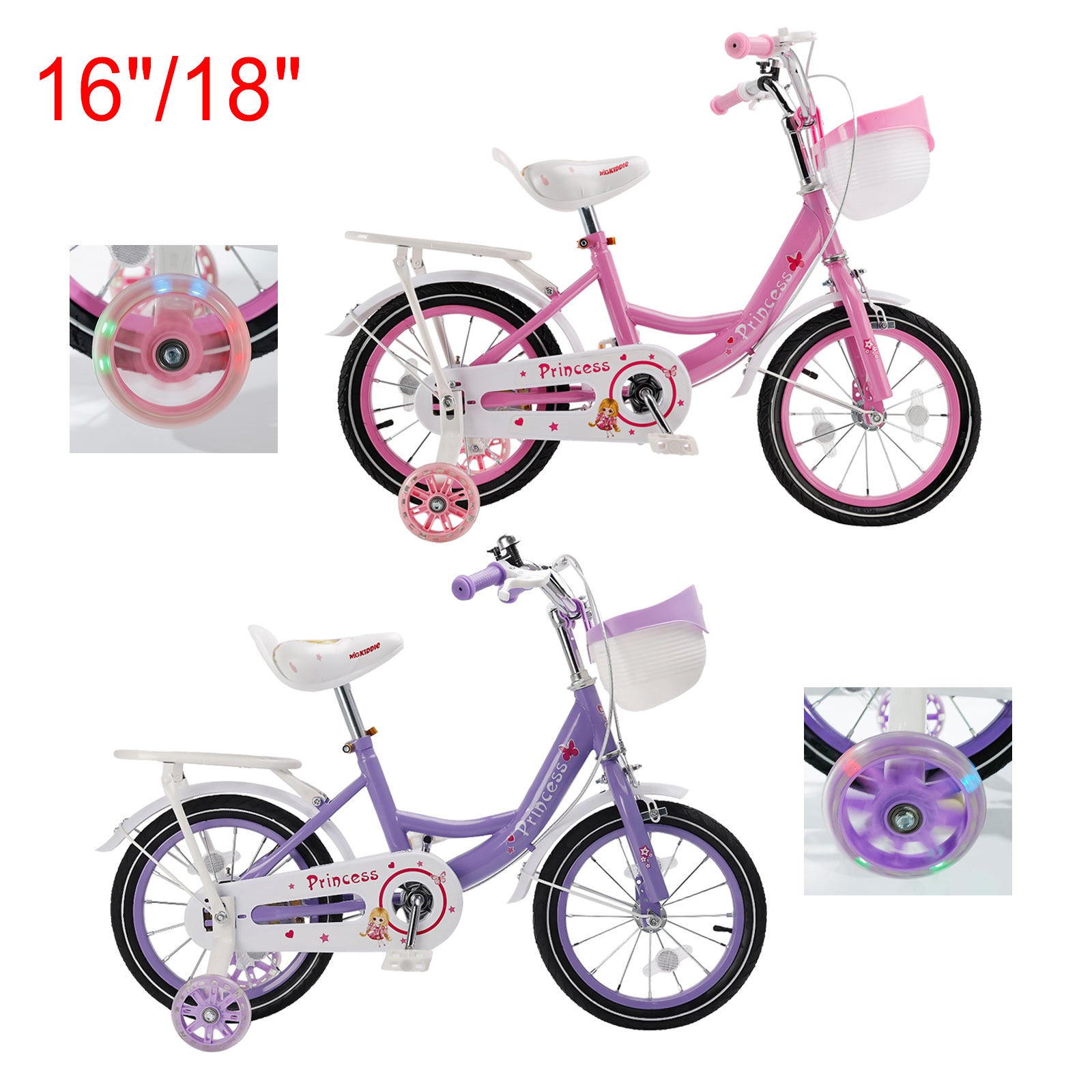 16"/18" Children Princess Bicycle Girls Bike with Removable Training Wheels Pink