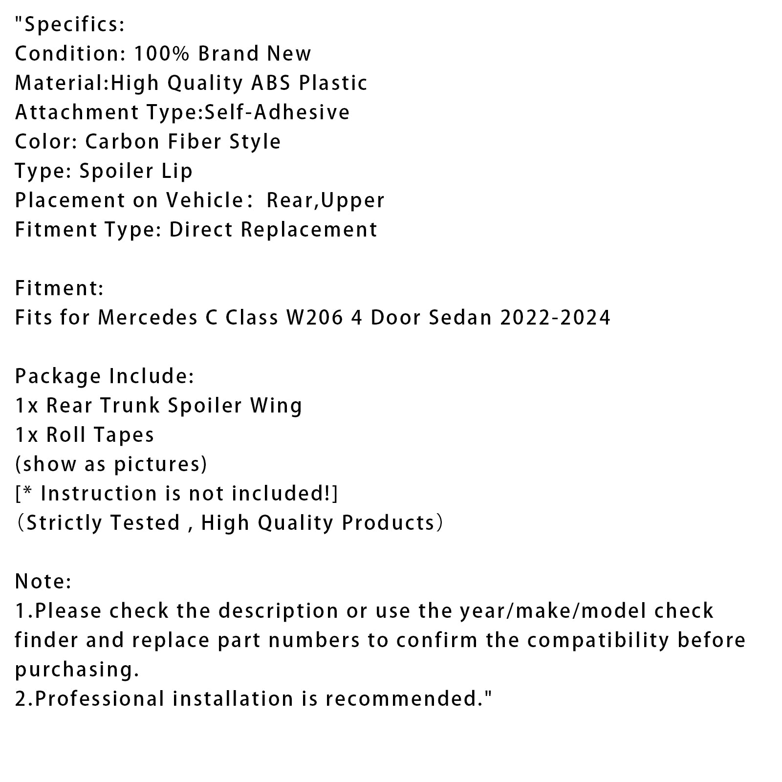 2022-2024 Benz W206 C63S Style Carbon Fiber Look Rear Trunk Spoiler Wing