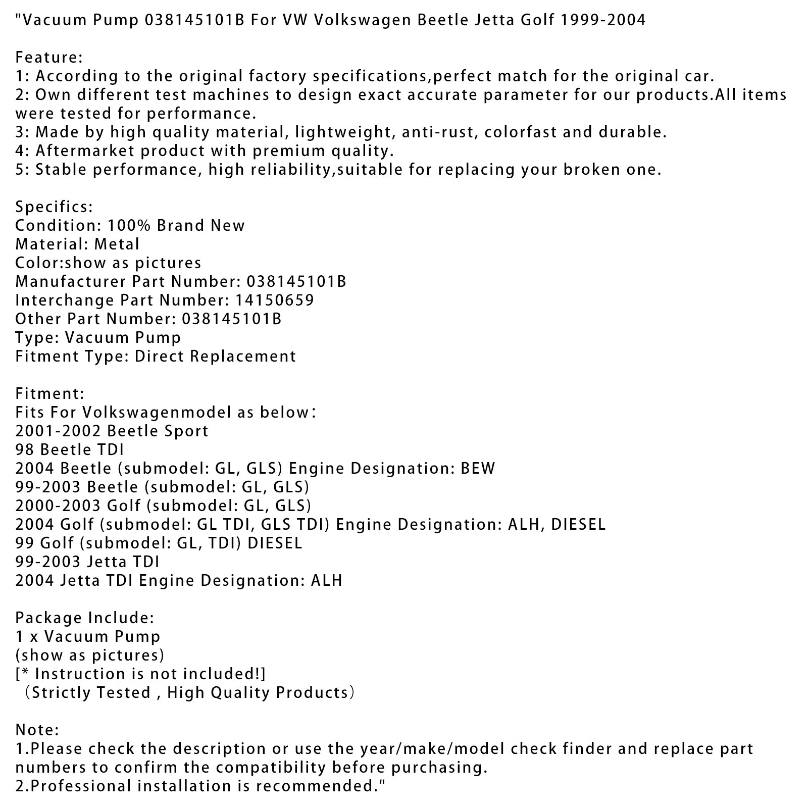 Vakuumpump 038145101B för VW Volkswagen Beetle Jetta Golf 1999-2004