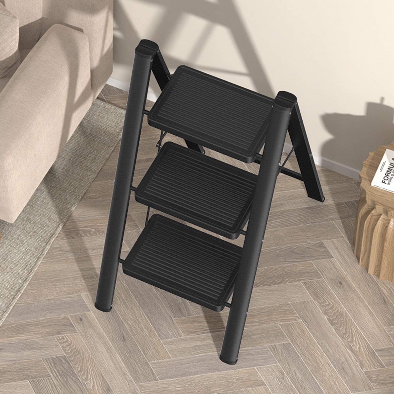 Lightweight 3 Step Aluminium Ladder, Foldable with Wide Pedals, Compact Storage, 150kg Load Capacity