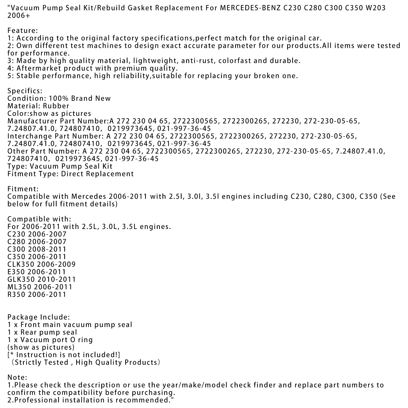 Vacuum Pump Seal Kit/Rebuild Gasket Replacement For MERCEDES-BENZ C230 C280 C300