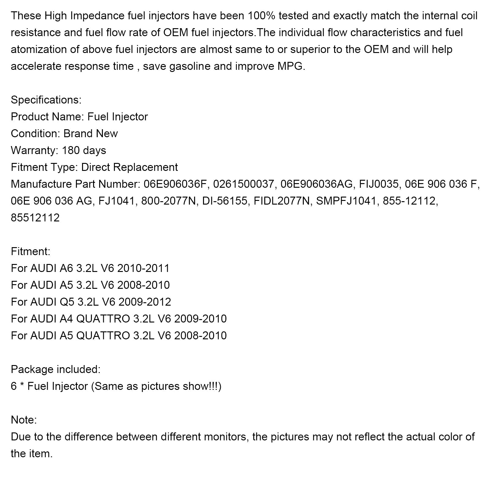 2009-2012 Audi Q5 3.2L V6 6PCS Injecteur de carburant 06E906036F 0261500037