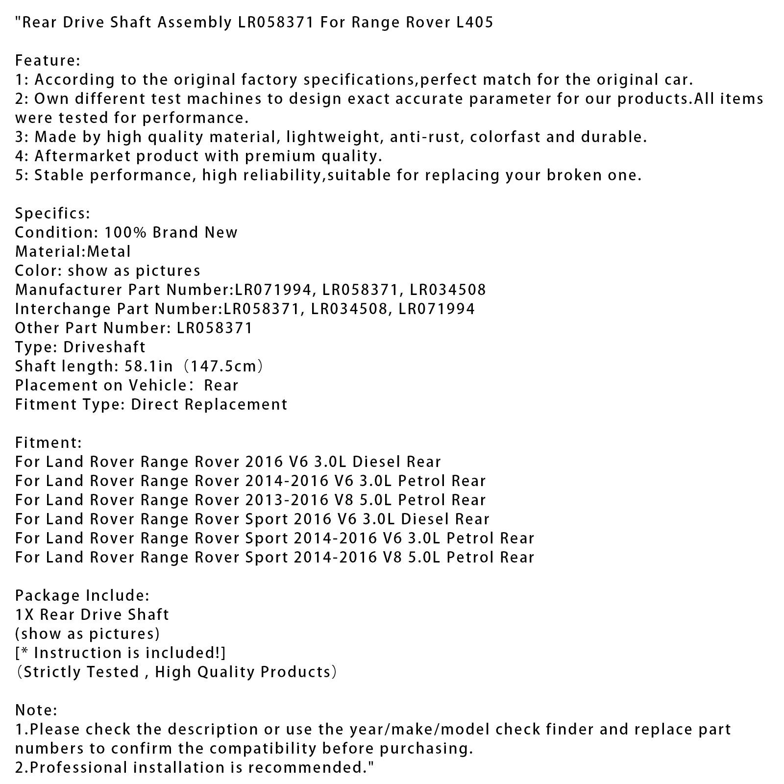 Ensemble d'arbre de transmission arrière à essence Land Rover Range Rover V6 3,0 L 2014-2016 LR058371 LR034508