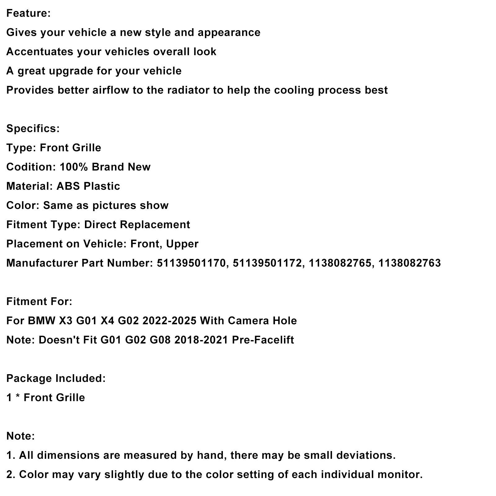 2022-2025 BMW X3 G01 X4 G02 Bumper rein de pare-chocs Blacks Black 51139501170