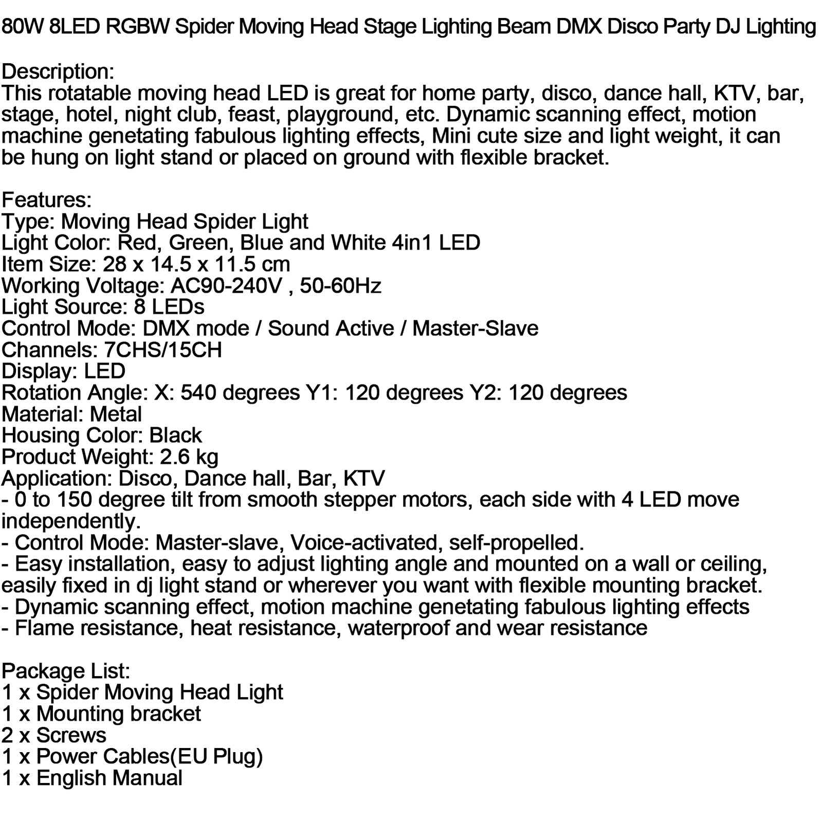 80W 8LED RGBW Spider Moving Head Stage Lighting Beam DMX Disco Party DJ Lighting