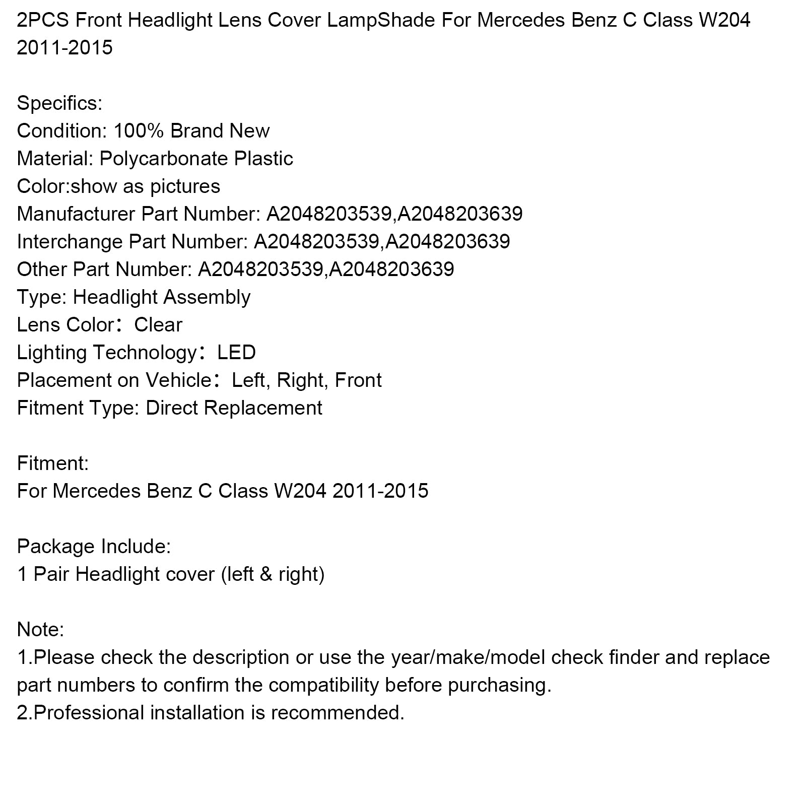 Mercedes Benz C 2011-2015 W204 2 peças de capa para lente de farol dianteiro abajur