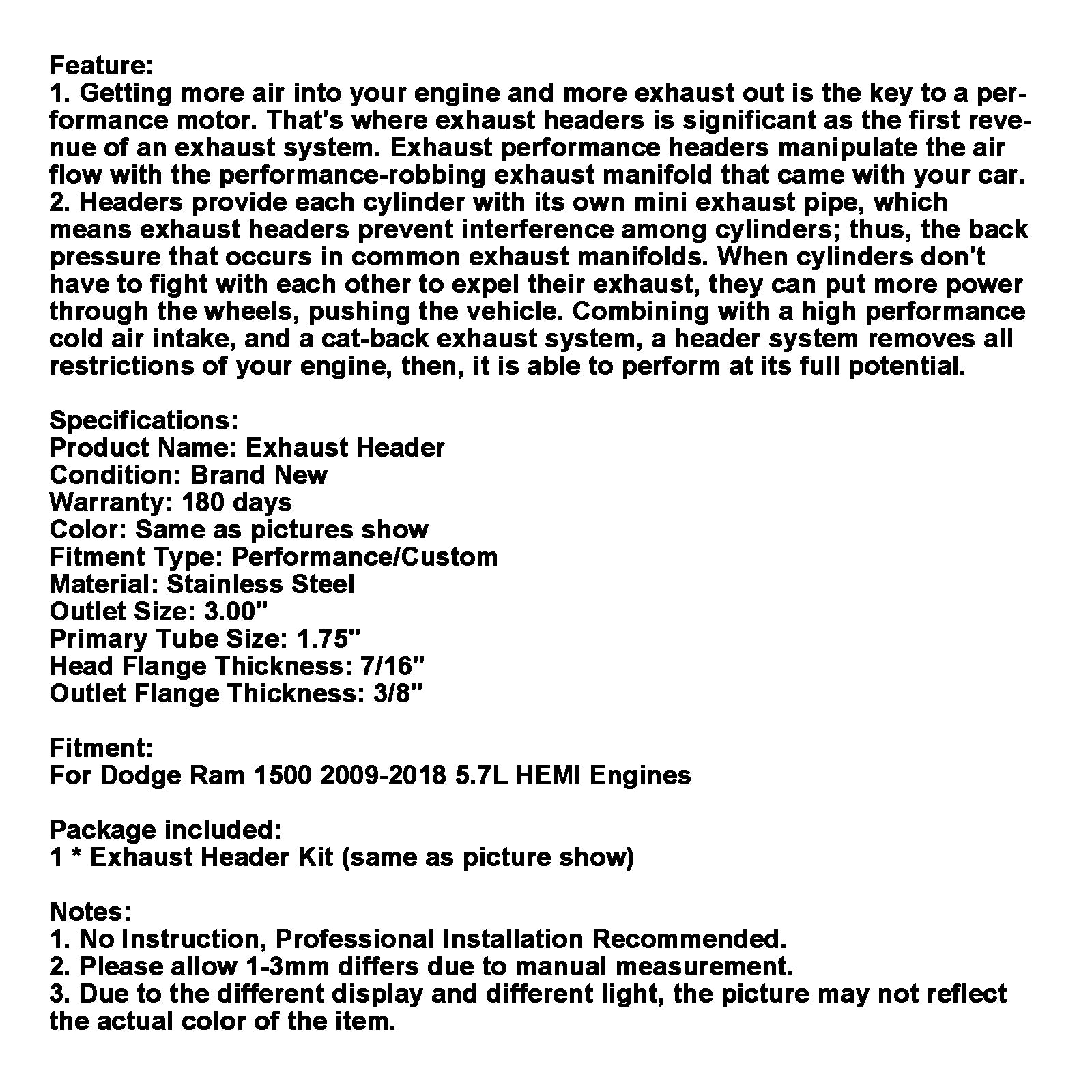 En-tête en acier inoxydable à tube long ajustement d'échappement Dodge Ram 1500 5,7L 2009-18
