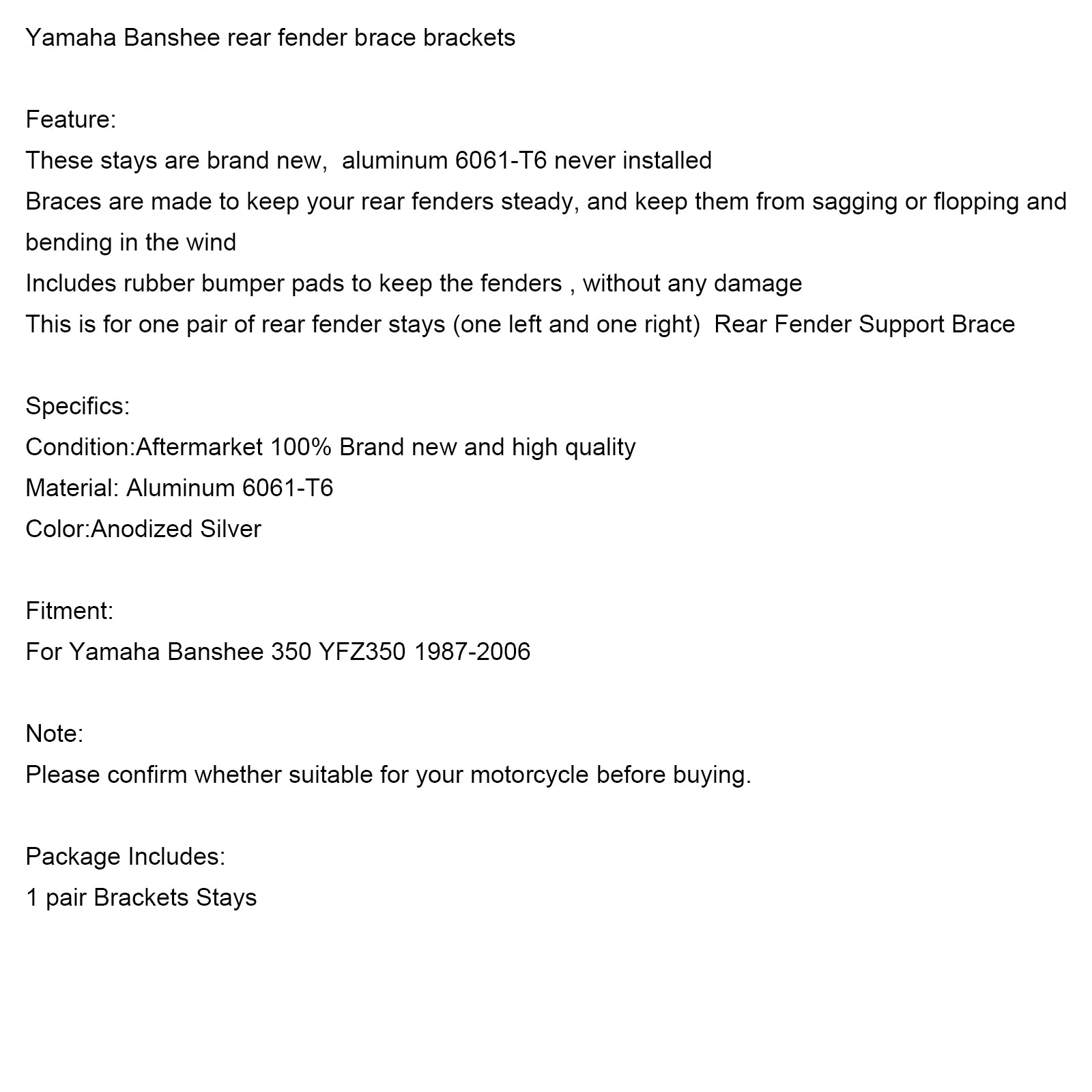 1987-2006 Yamaha Banshee 350 YFZ350 Belrancas de Fender Brace Banchets Stays