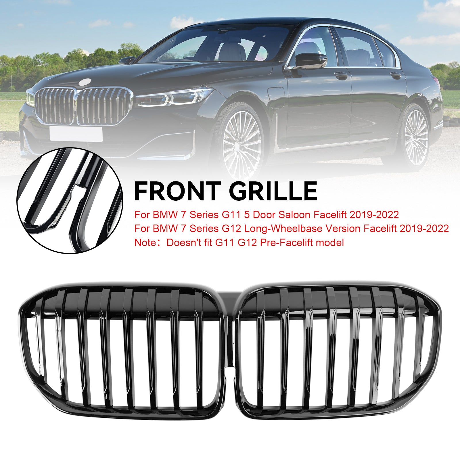 2019-2022 BMW 7 Série G11 G12 Grila frontal preta de ripas de ripas únicas