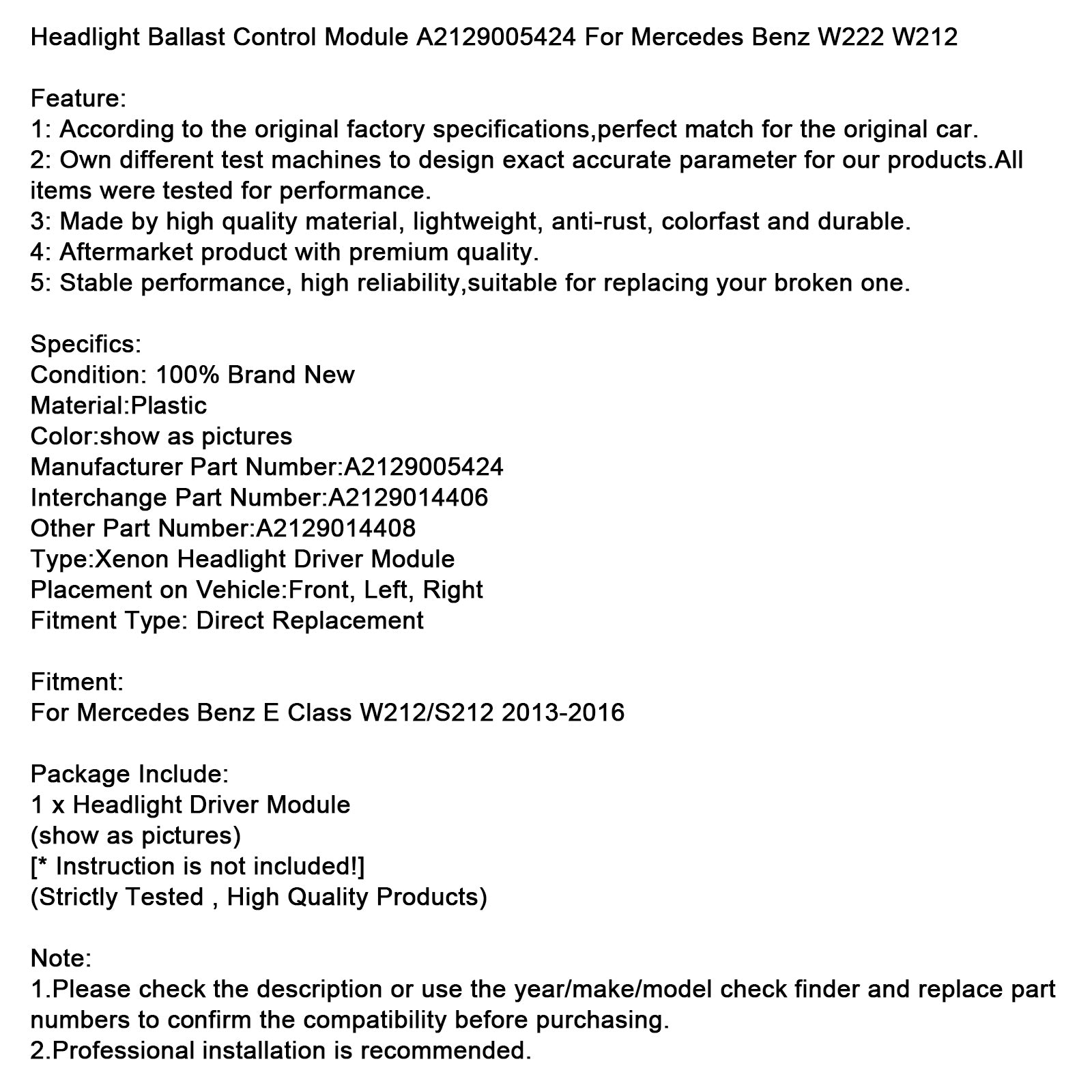 Mercedes-Benz 2013-2016 W212Module de commande de ballast de phare /S212 A2129005424
