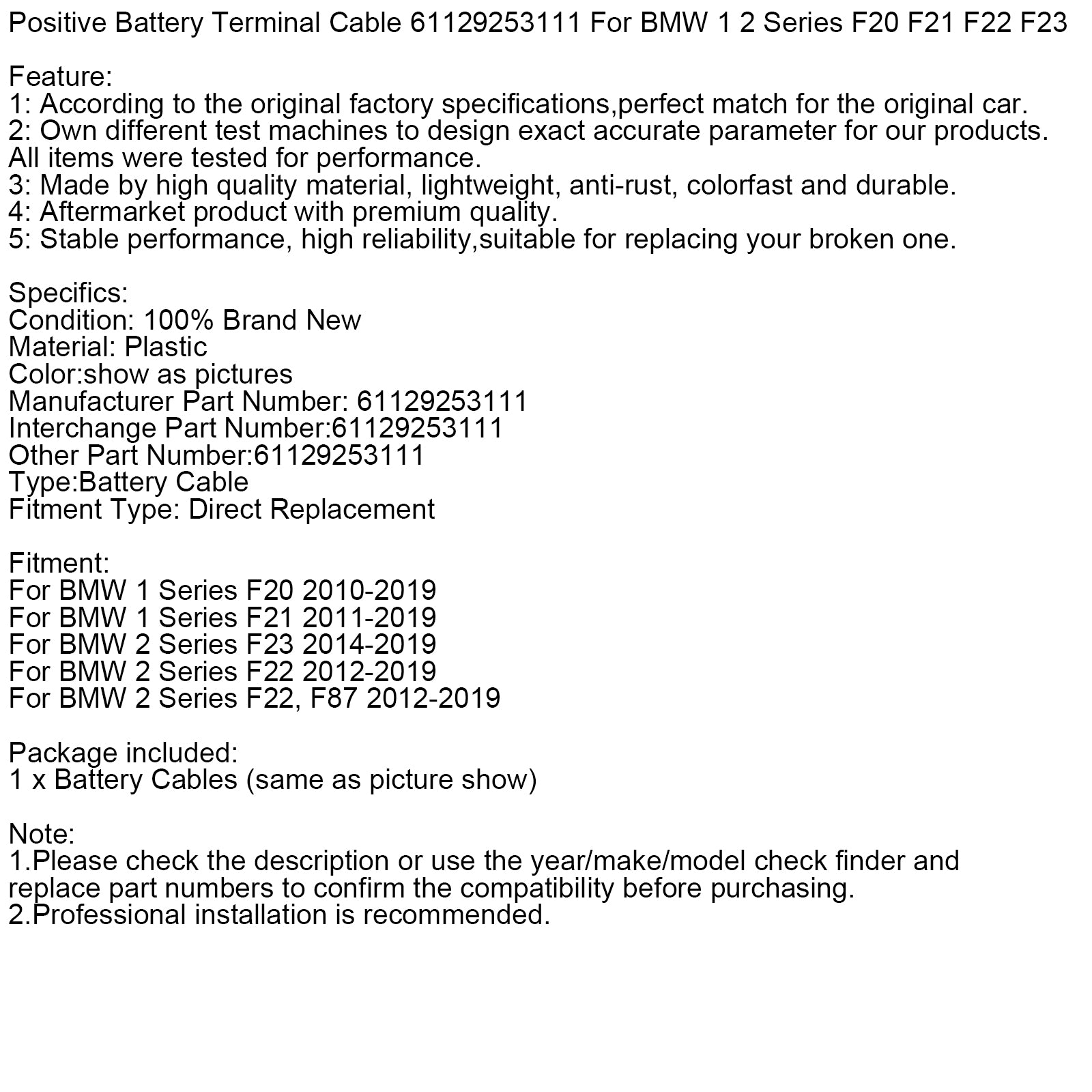Positieve batterijterminalkabel 61129253111 voor BMW 1 2-serie F20 F21 F22 F23