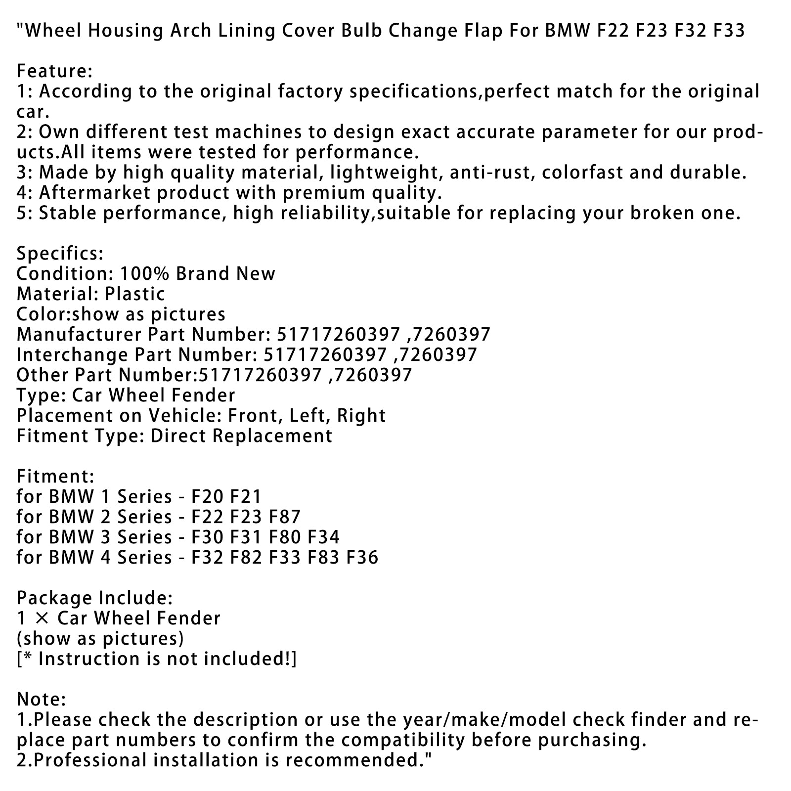 Aba de lâmpada de lâmpada de cobertura de arco de arco de roda para BMW F22 F23 F32 F33