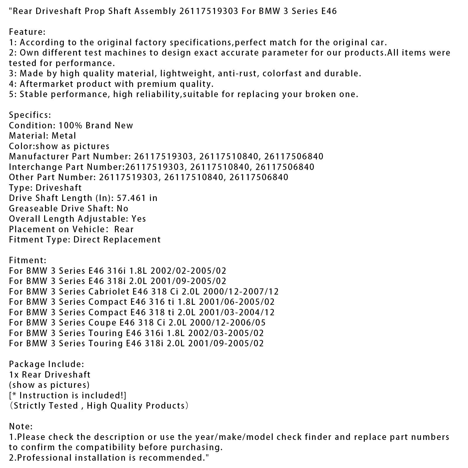 Ensemble d'arbre de transmission arrière, 26117519303, pour BMW série 3 E46