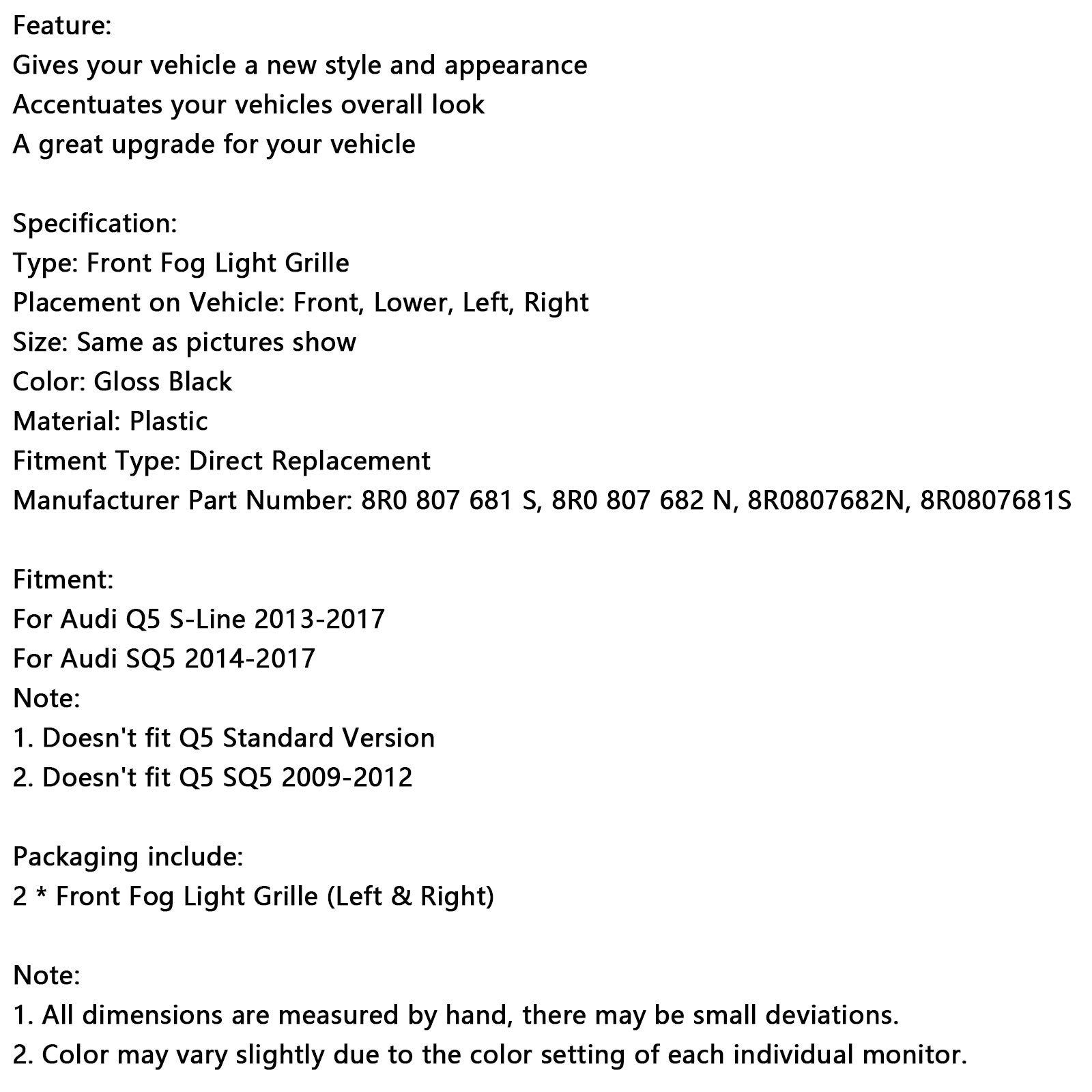 Voorbumper Mistlamp Grill Grille Fit Audi Q5 S-Line SQ5 2013-2017 Zwart