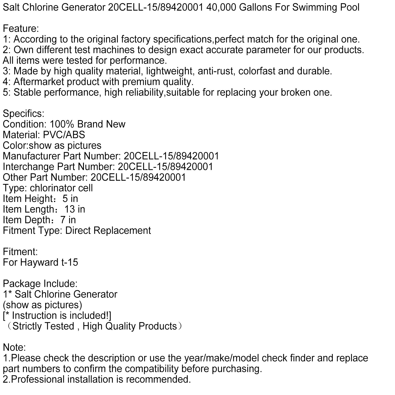 Saltklorgenerator 20Cell-15/89420001 40.000 liter for svømmebasseng