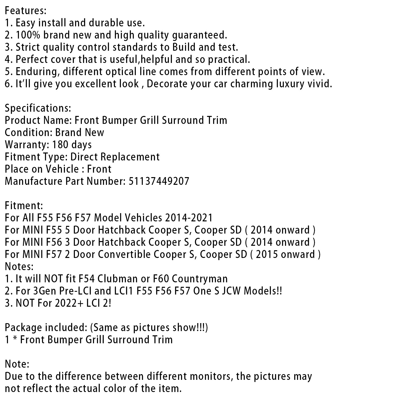 2014-2021 Mini Cooper F55 F56 F57 Voorgrille Grillomlijsting 51137449207