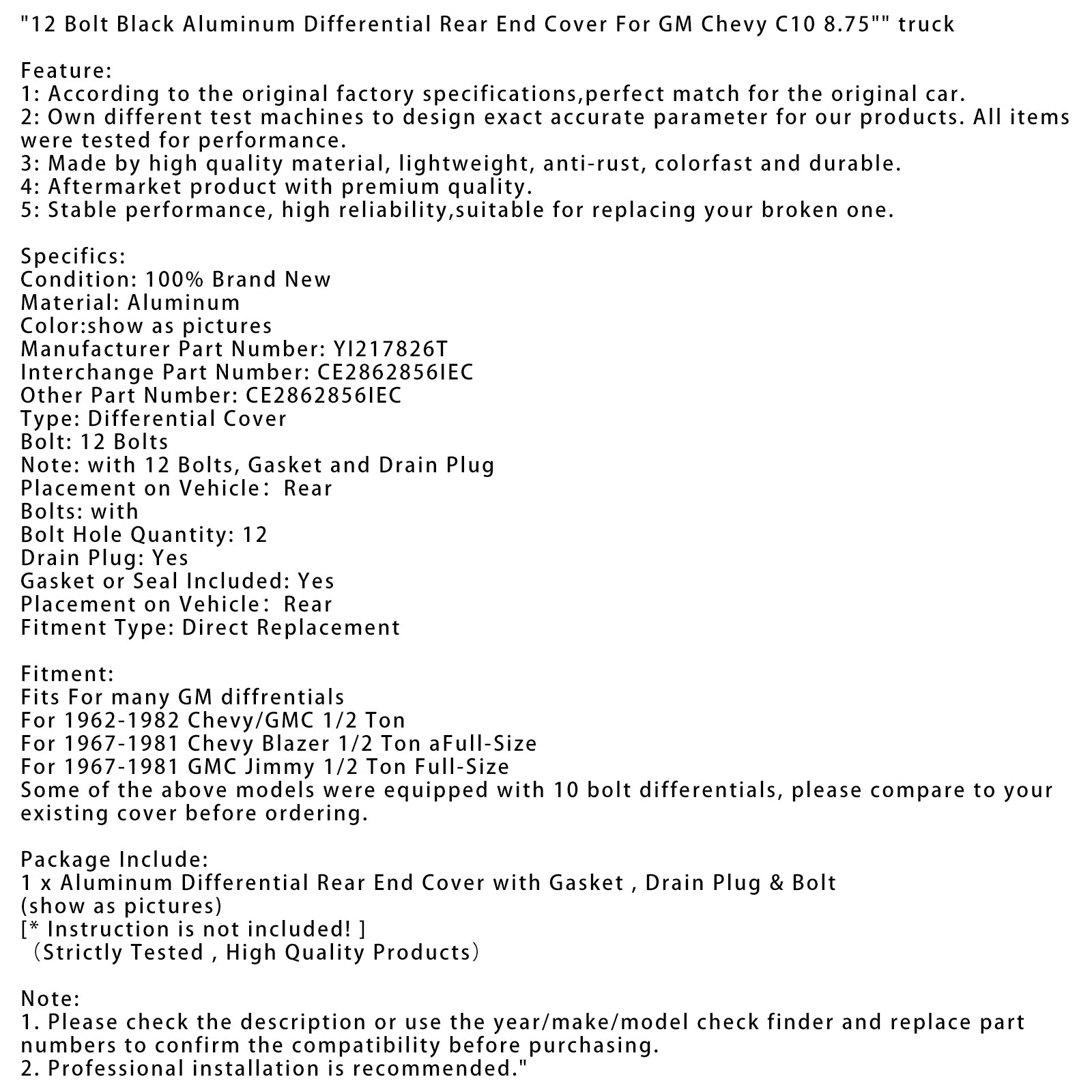 12-skrutkový čierny hliníkový kryt zadného diferenciálu pre GM Chevy C10 8.75" nákladné auto