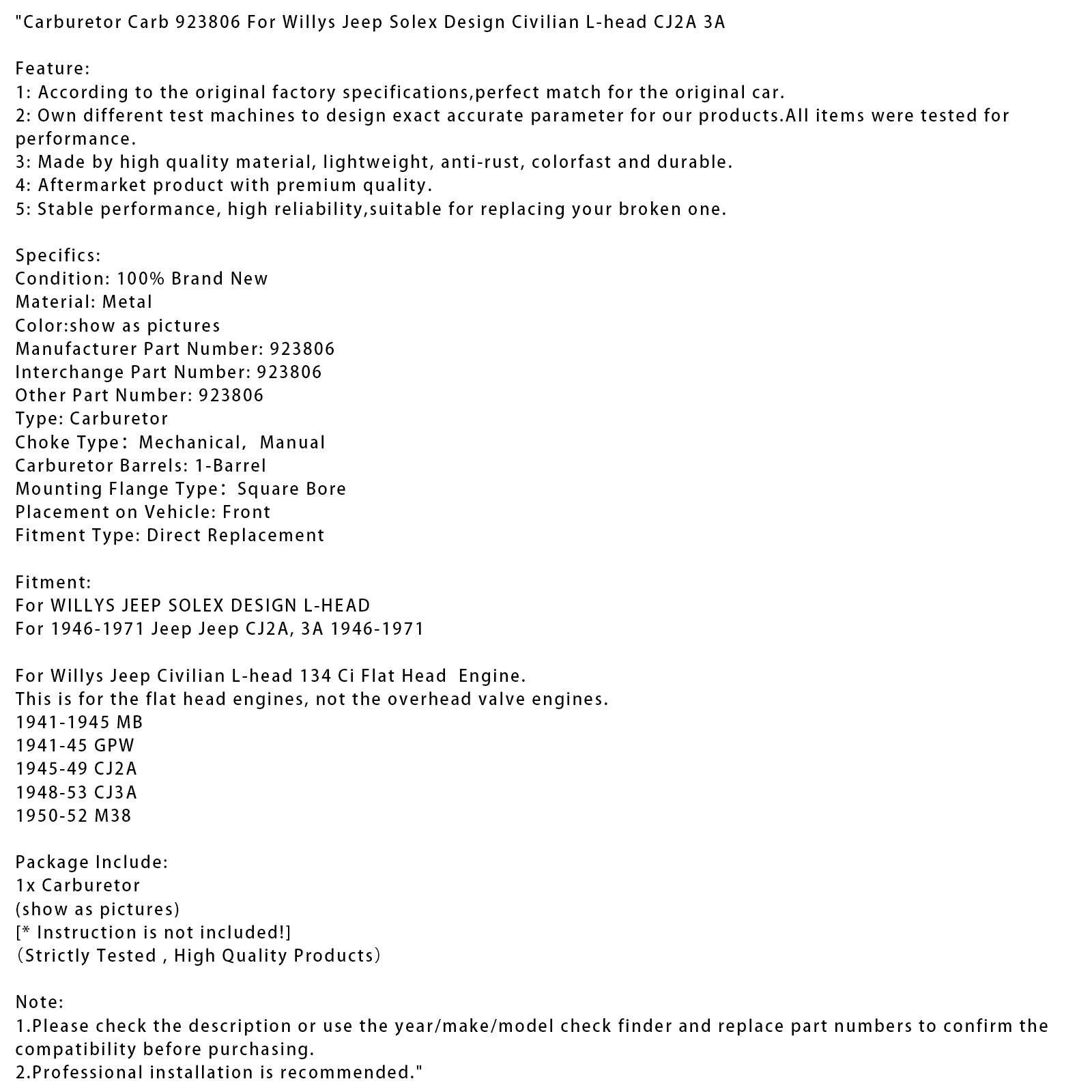 Carburador Carb 923806 FIXA PARA WILLYS JEEP Solex Design civil L-cabeça CJ2A 3A