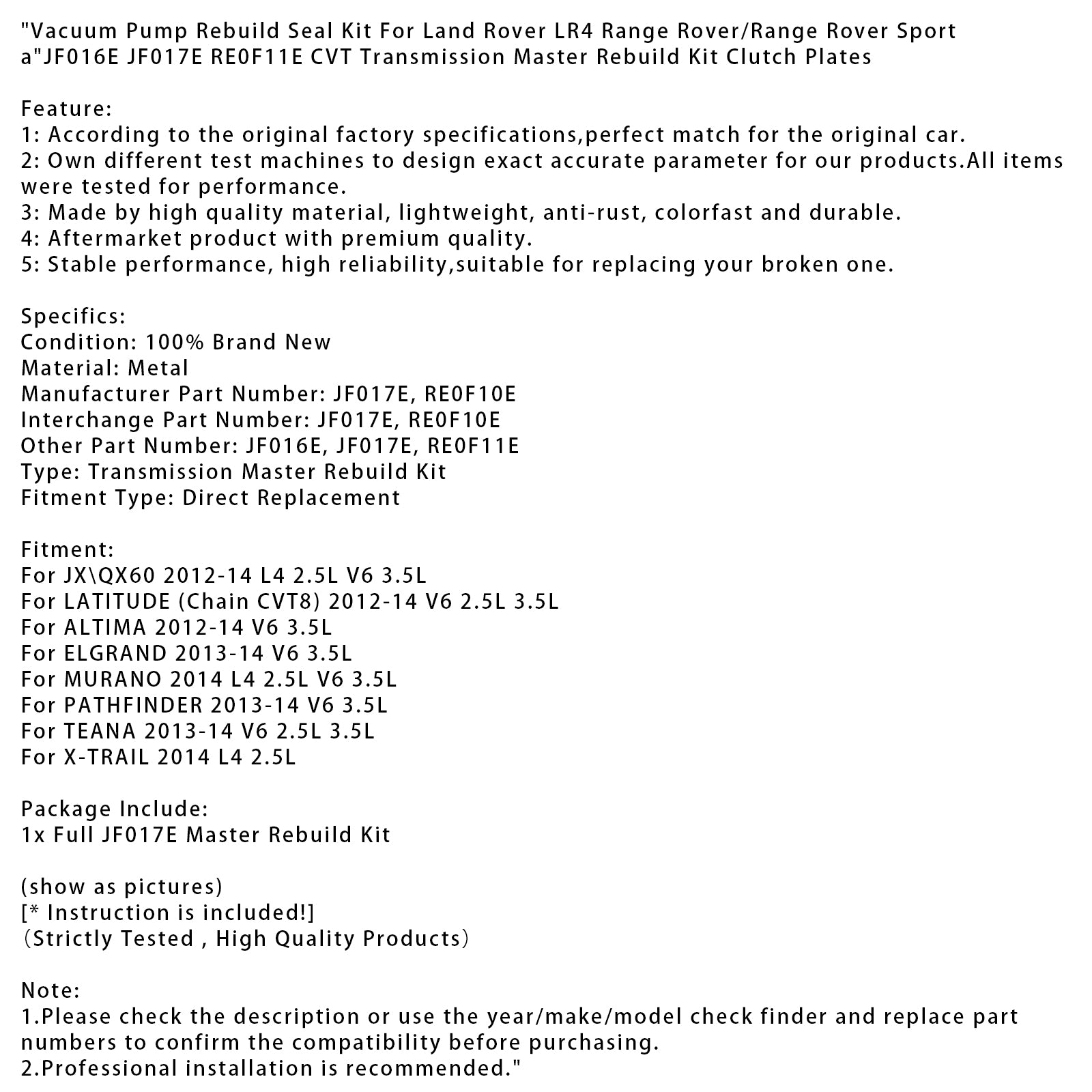 JF016E JF017E RE0F11E CVT Transmisión Master Kit de reconstrucción Placas de embrague