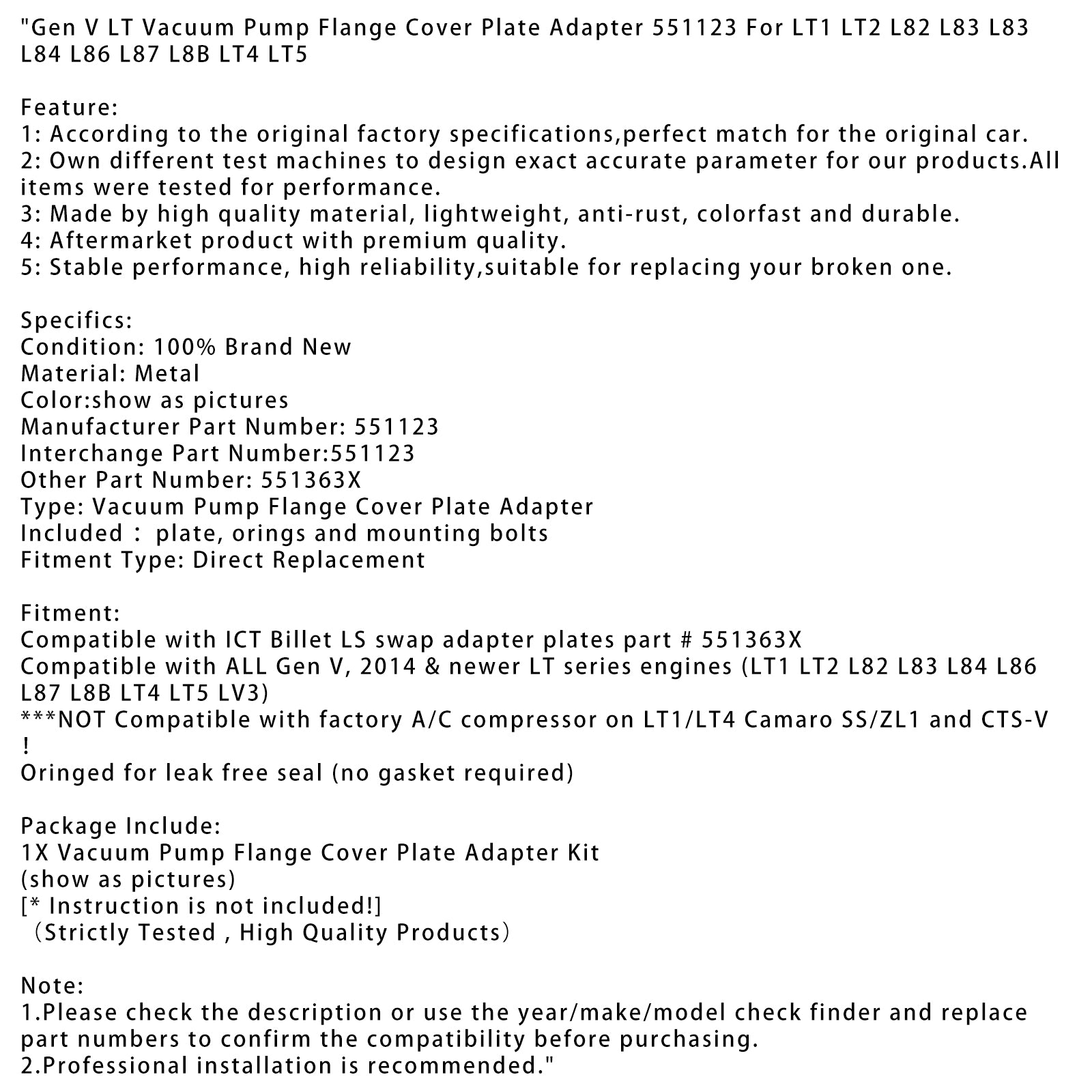 Adaptador de placa de tampa da bomba de vácuo Gen V LT 551123 para LT1 LT2 L82 L83