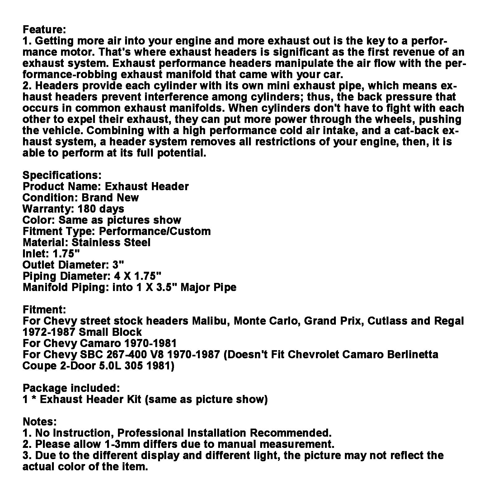 Colector de escape de acero inoxidable 267-400 compatible con Chevy SBC V8 1970-1987