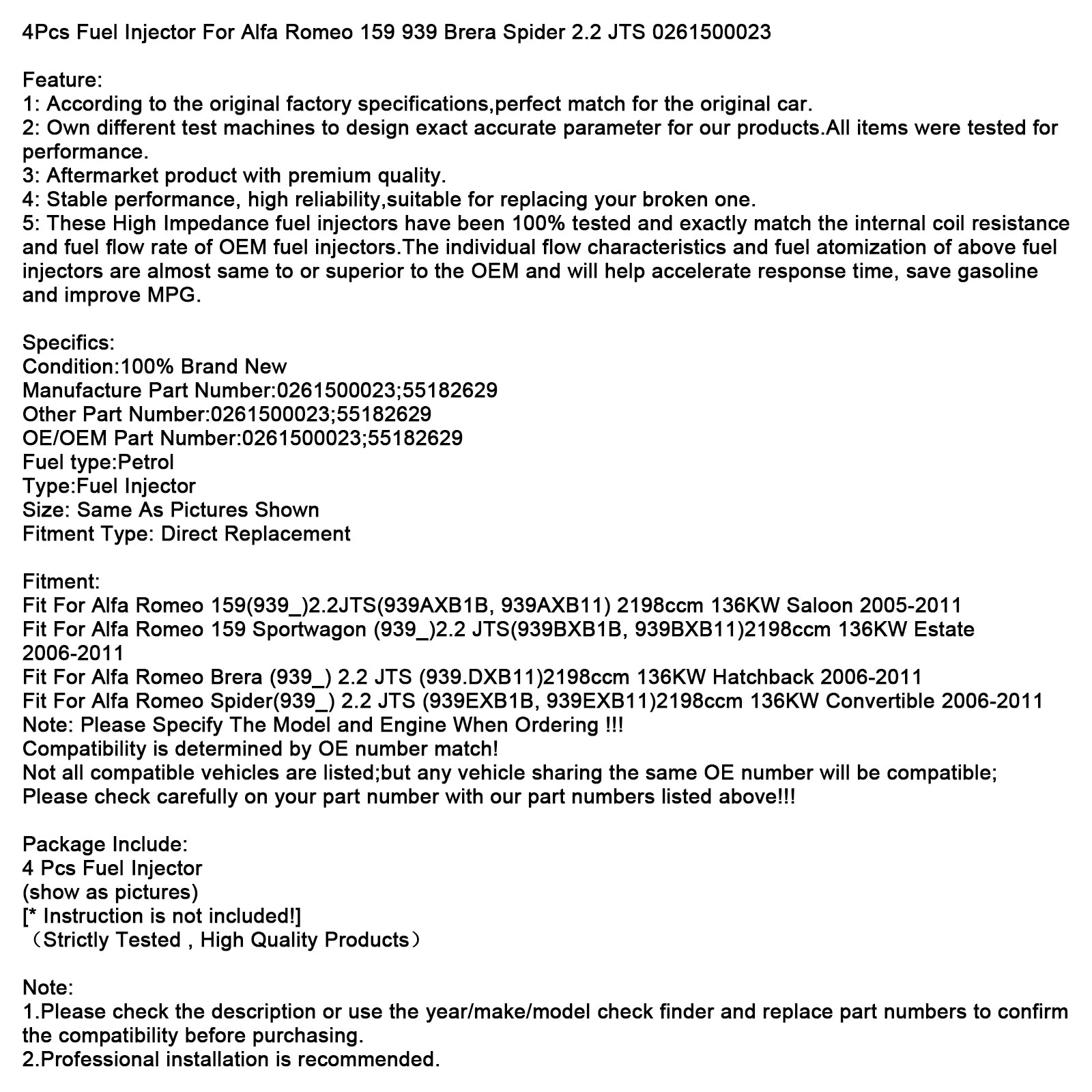 4Pcs Fuel Injector For Alfa Romeo 159 939 Brera Spider 2.2 JTS 0261500023