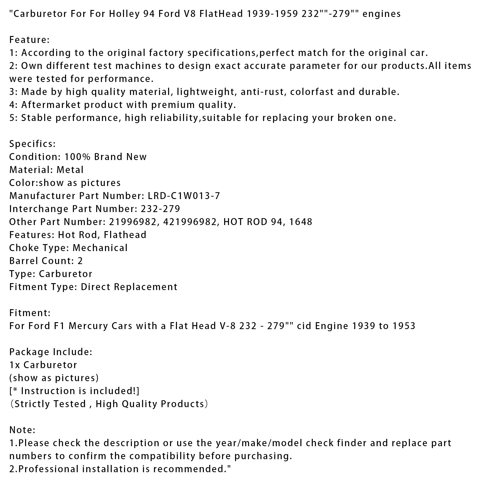 Carburateur à tête plate Holley 94 Ford V8 1939-1959 232"-279" moteurs