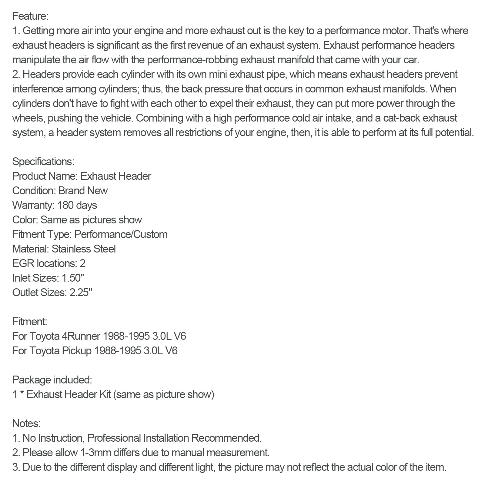 Stainless Exhaust Manifold Headers Fit Toyota 4Runner Pickup 1988-1995 3.0L V6