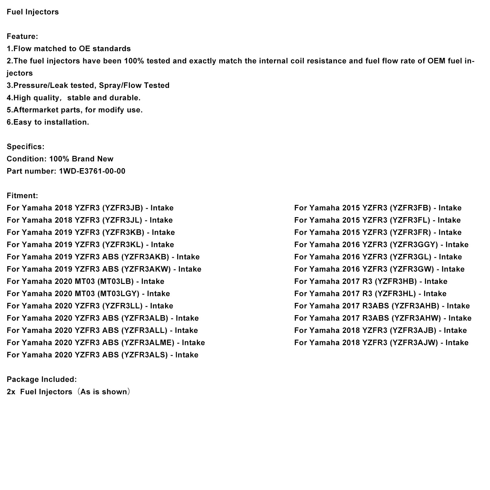 2PCS 1WD-E3761-00-00 Fuel Injectors For Yamaha YZF-R3 2015-2022