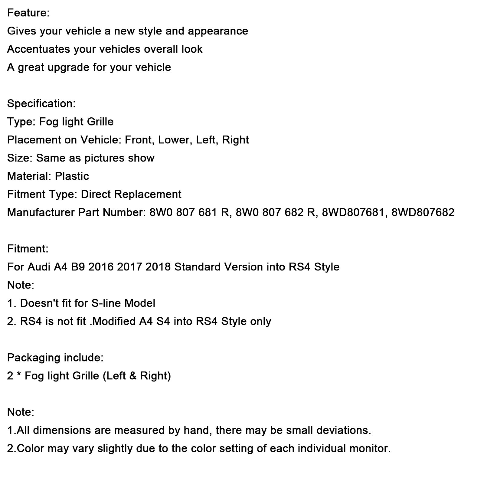2016-2018 Audi A4 B9 2PCS Front Fog Light Grill inferior grade do para-choque