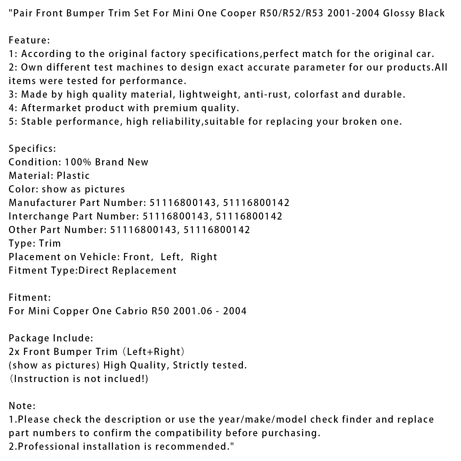 2001-2004 Mini One Cooper R50/R52/R53 Pair Front Bumper Trim Set Glossy Black
