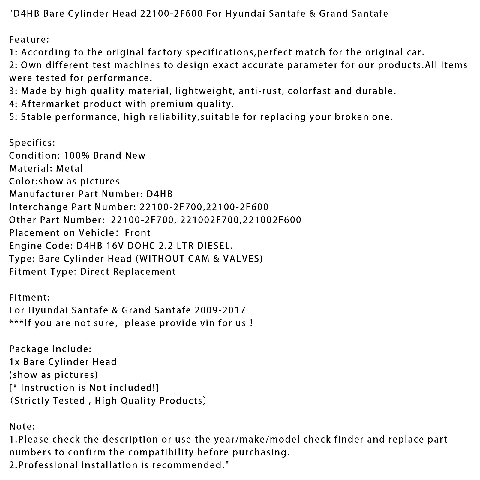 2009-2017 Hyundai Santafe & Grand Santafe D4HB Bare Cylinder Head 22100-2F600