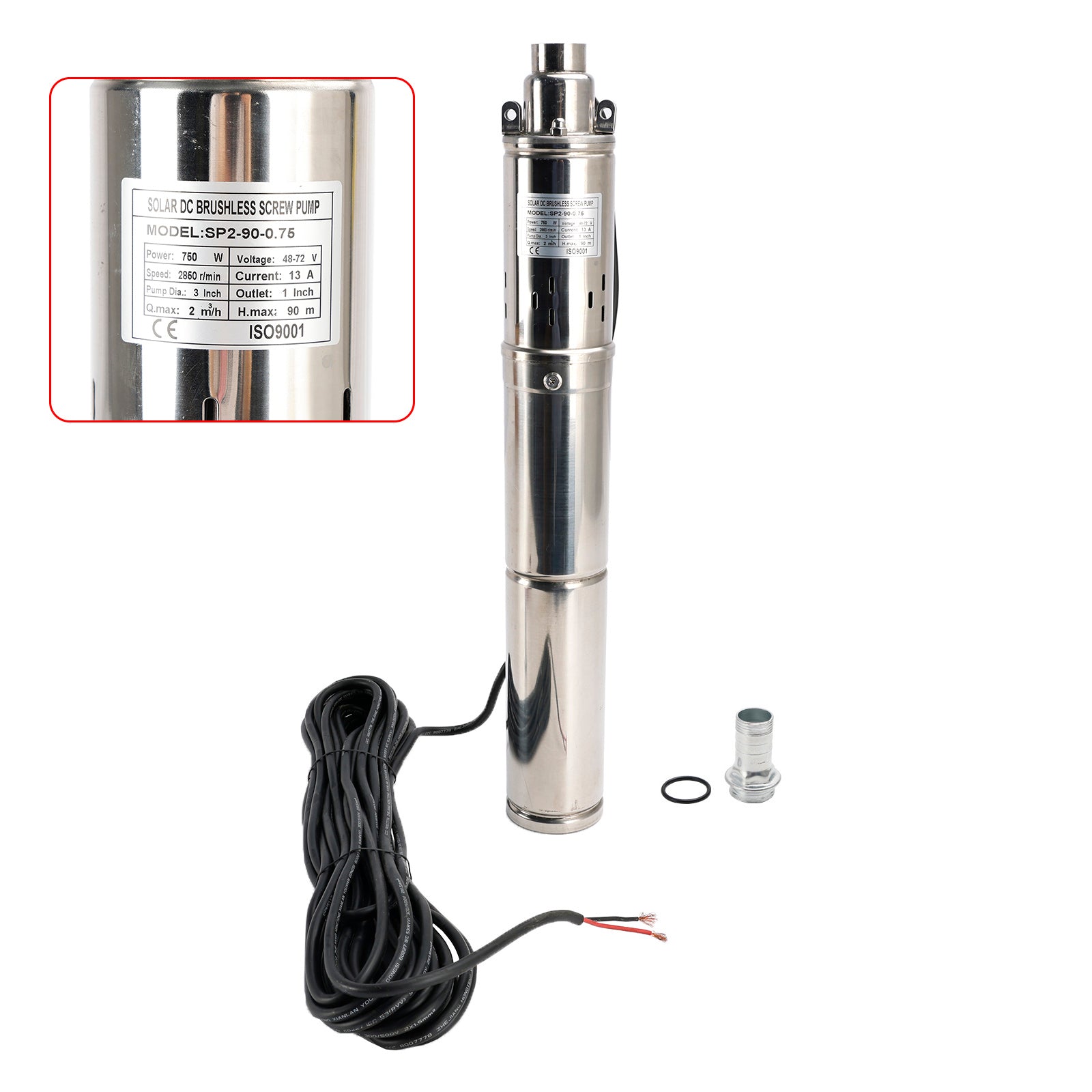 3" 48V 750W dypbrønn solcelledrevet nedsenkbar borehullsvannpumpe innebygd MPPT