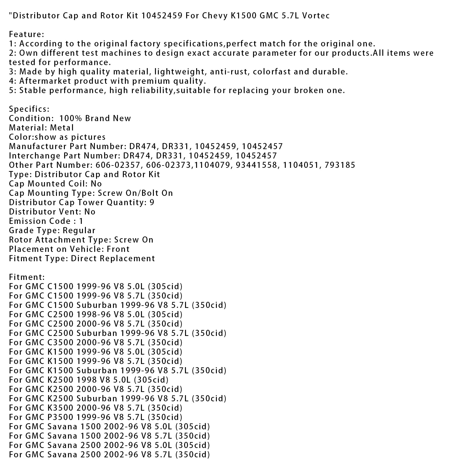 Cap a rotor súprava 10452459 pre Chevy K1500 GMC 5,7 l Vortec