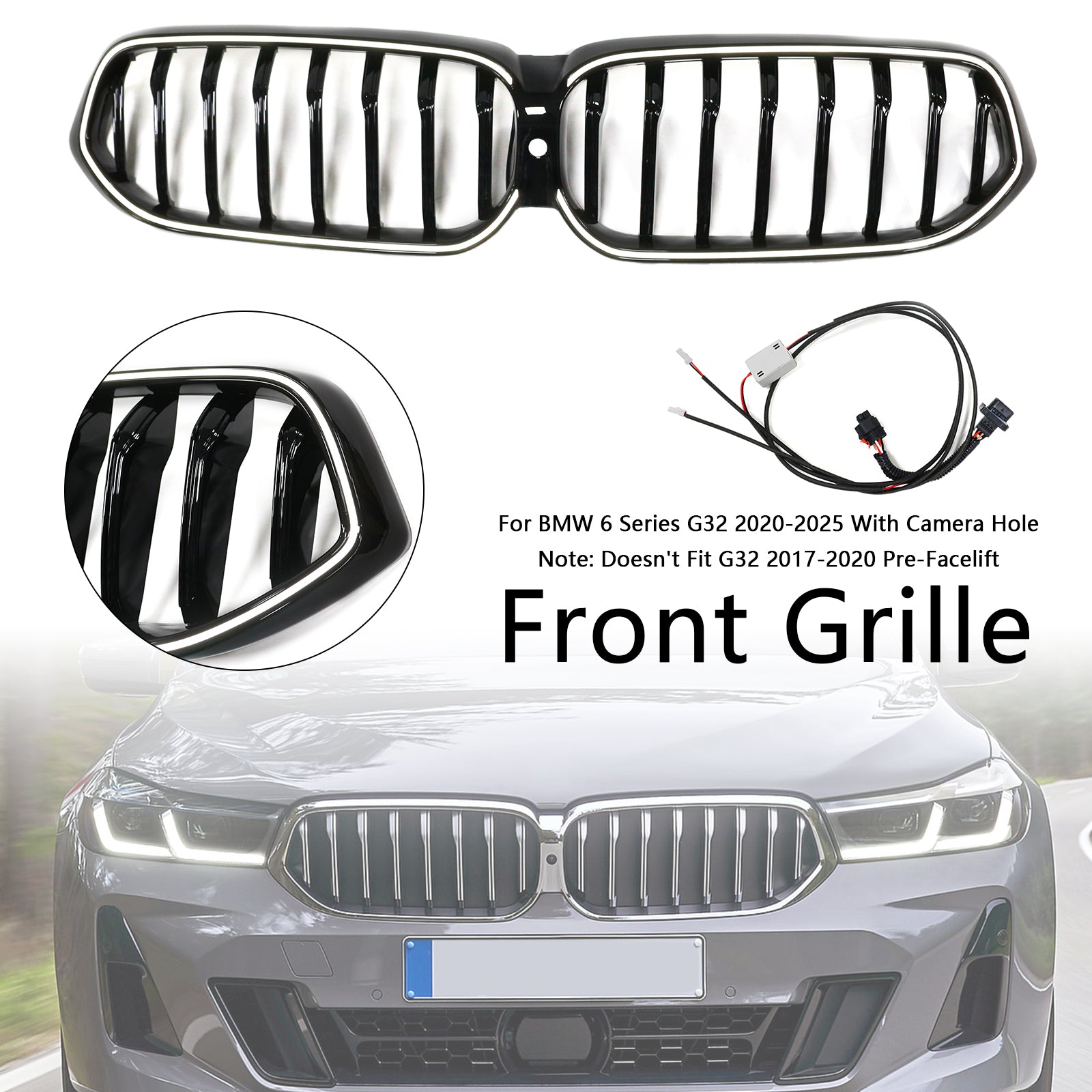 Parrilla frontal tipo riñón para BMW Serie 6 G32 2020-2025, color negro brillante
