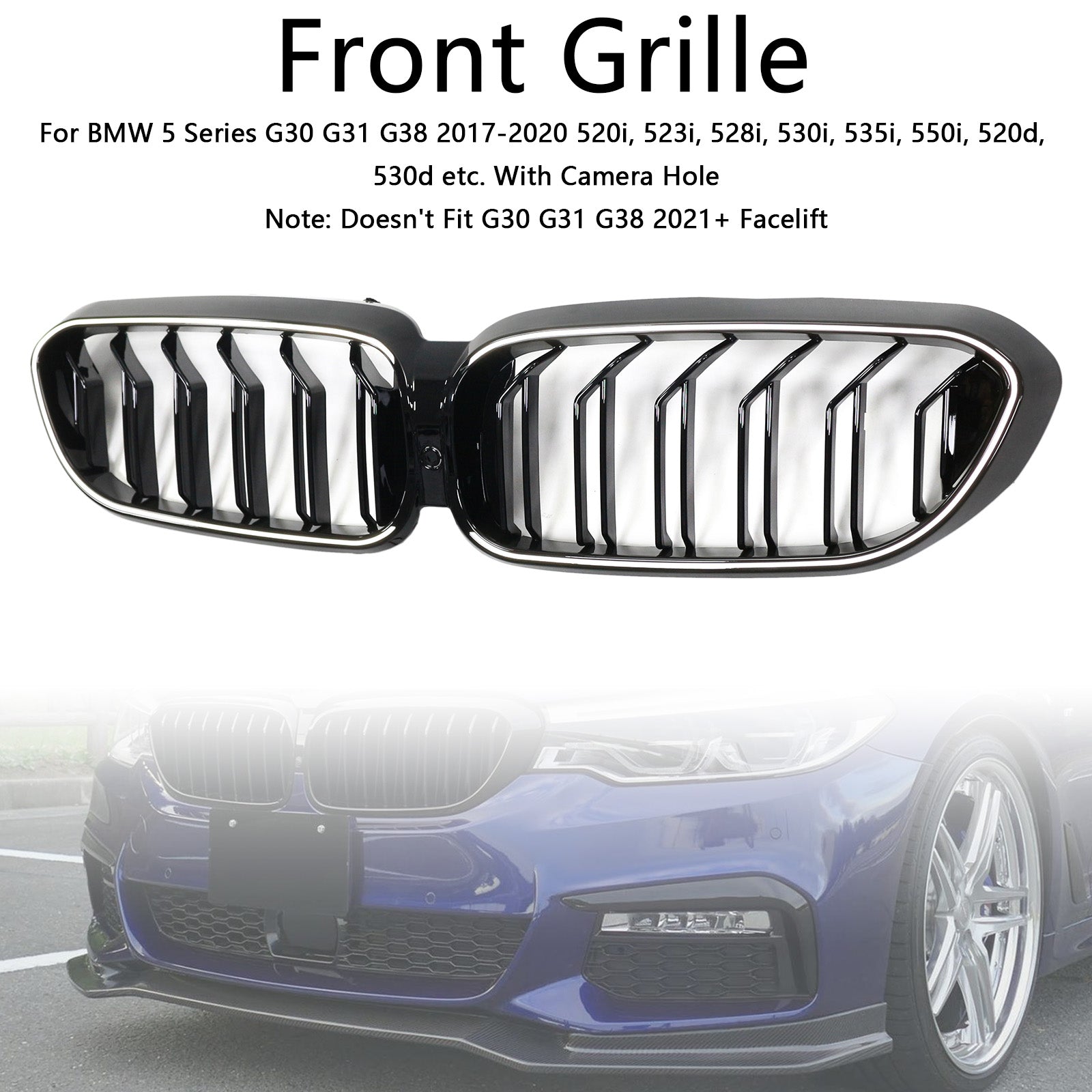 2017-2020 BMW 5 Series G30 G31 Double Slat Front Kidney Grille Gloss Black