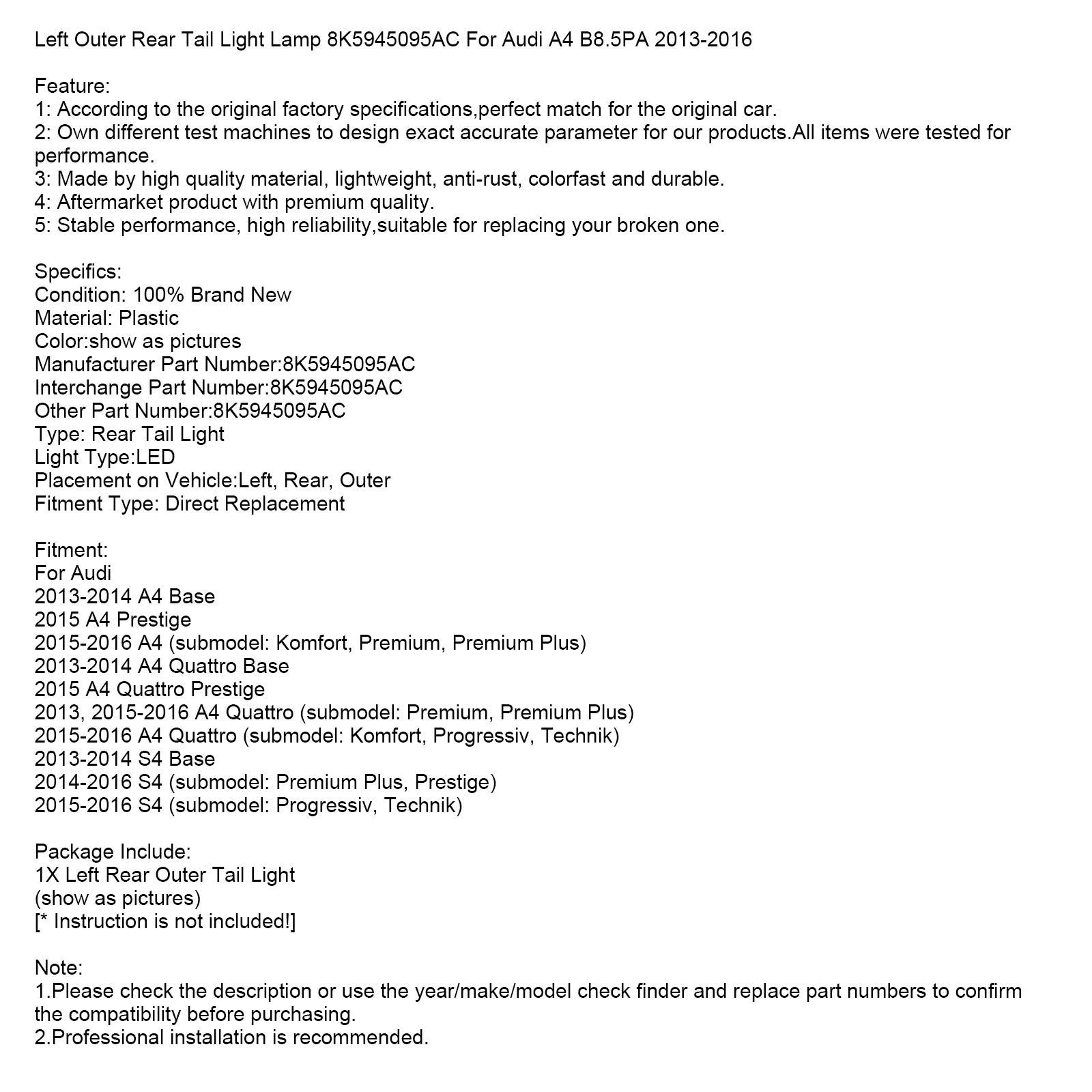 Left Outer Rear Tail Light Lamp Fit For Audi A4 B8.5PA 2013-2016 8K5945095AC