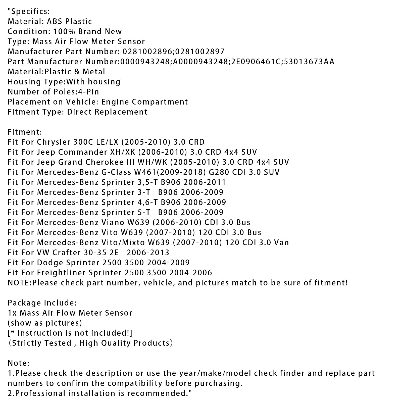 Masseluftstrømningsmålersensor for Mercedes-Benz Sprinter Jeep Crafter 0281002896