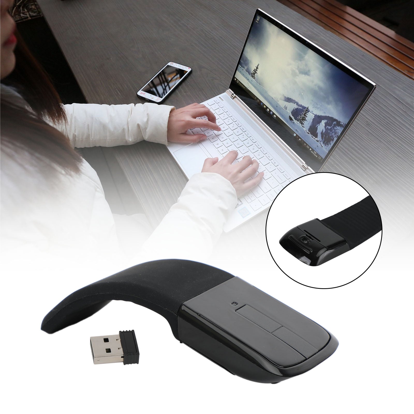 Souris sans fil avec une mini souris pliante USB 2,4 GHz à arc optique tactile souris noire