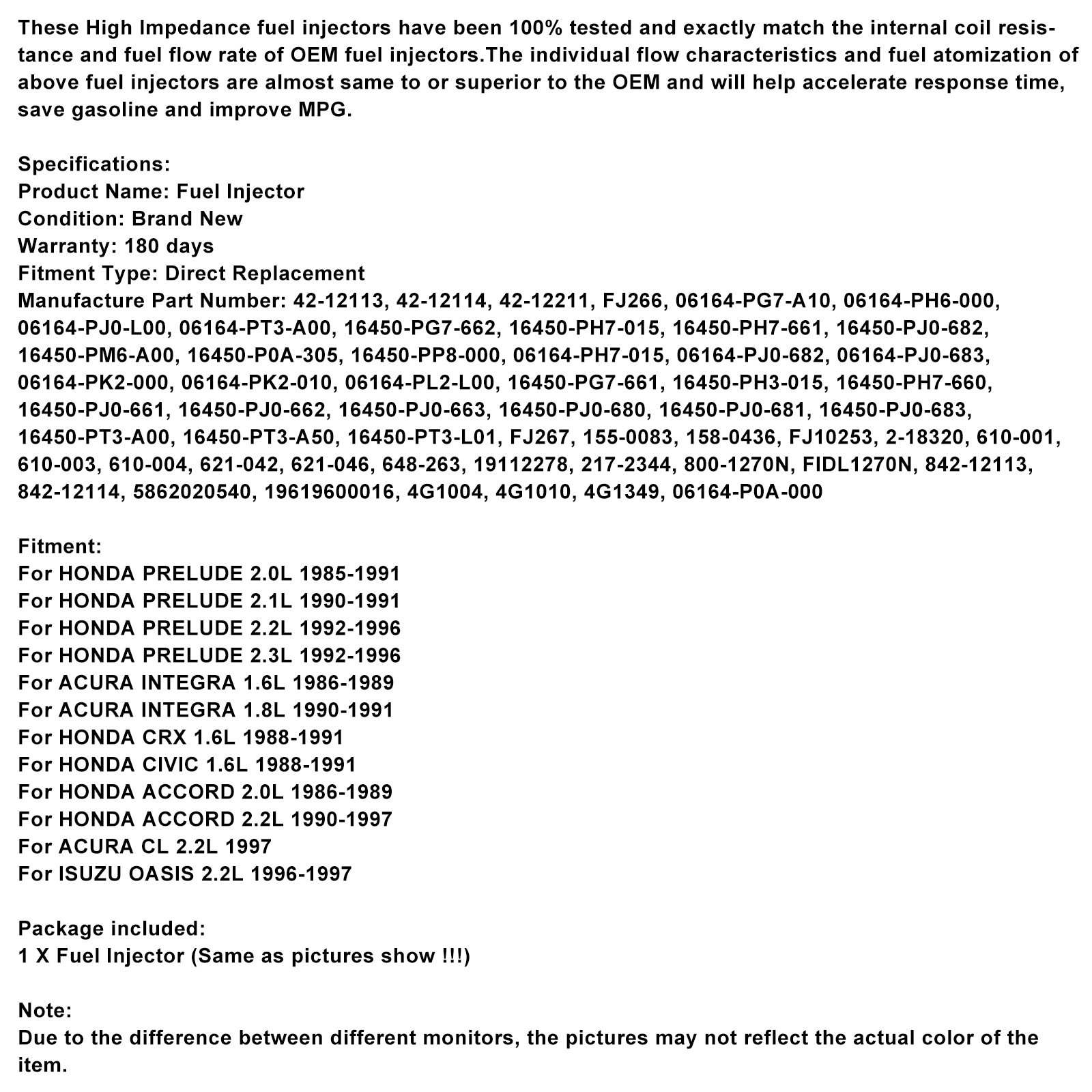 1PCS Fuel Injector 06164-P0a-000 Fit Honda Accord Prelude Civic 1990-1997