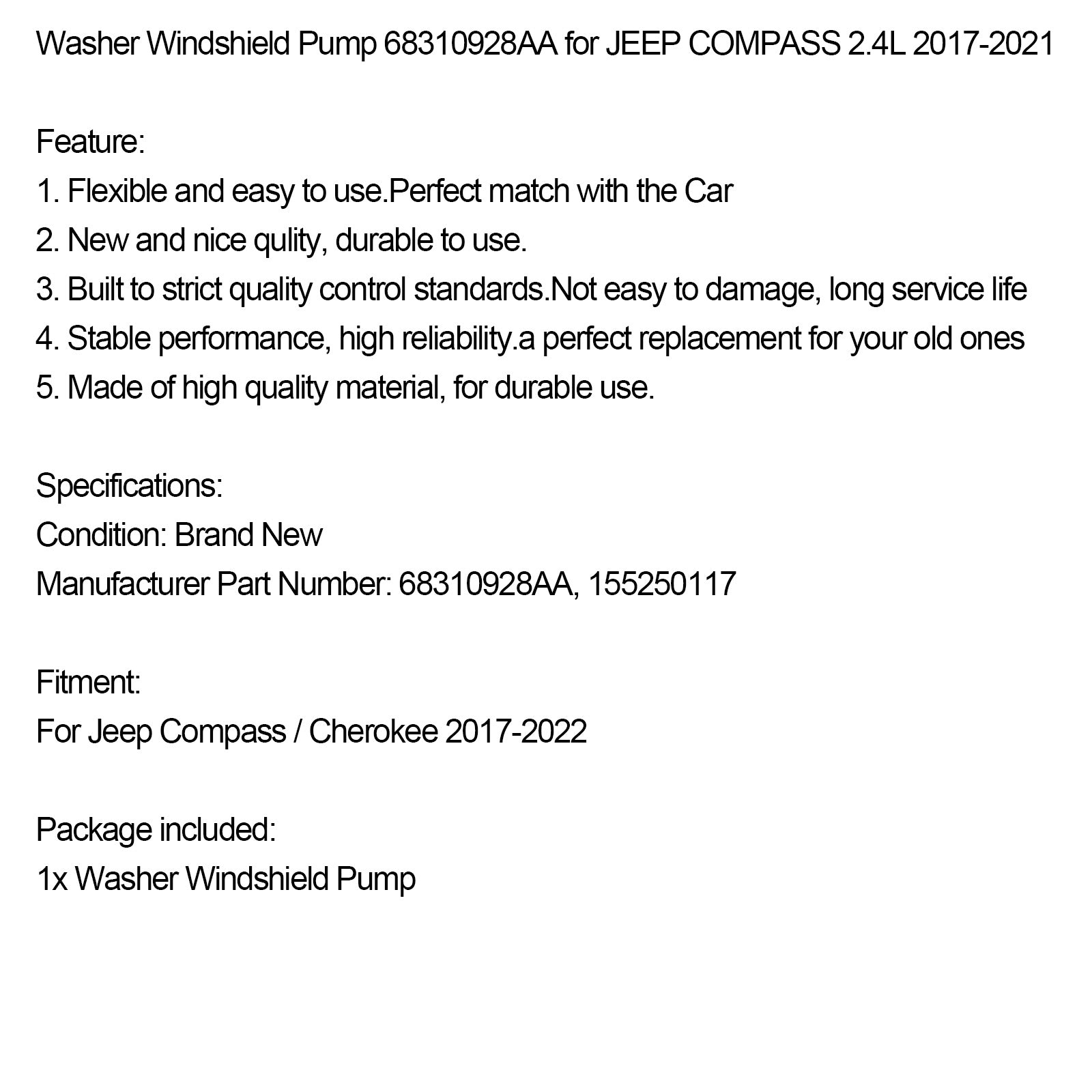 2017-2022 JEEP COMPASS/CHEROKEE Front Washer Windshield Pump 68310928aa