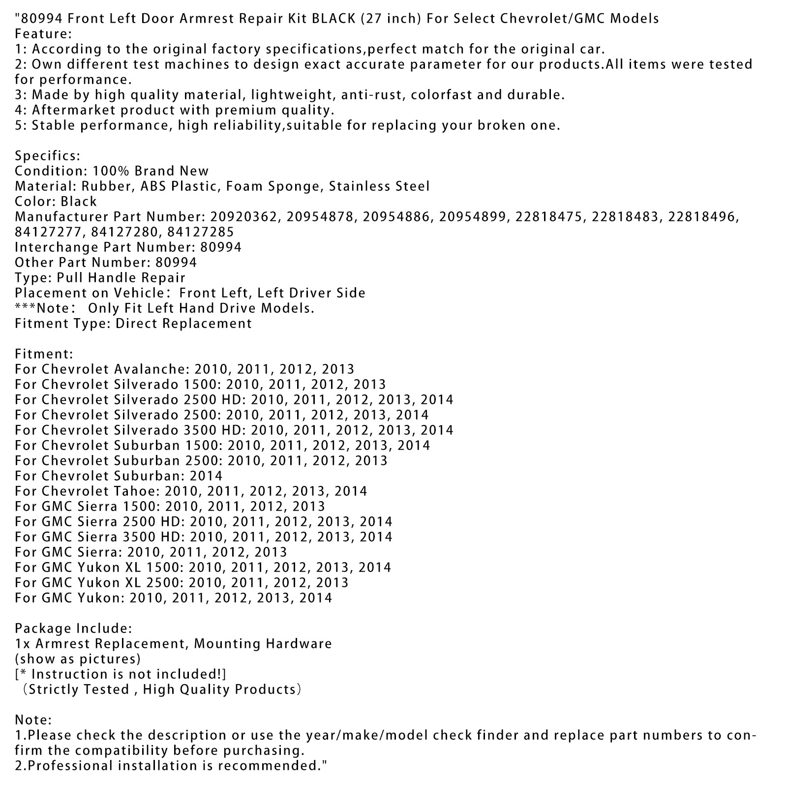 80994 Kit de reparo do braço da porta esquerda 80994 preto (27 polegadas) para Chevrolet/GMC