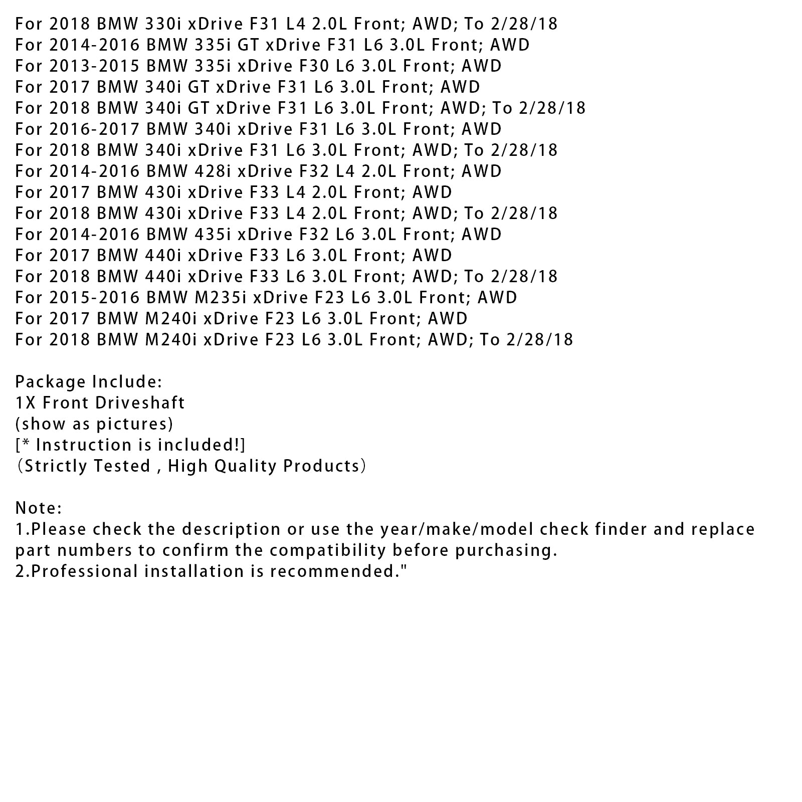 2017 BMW 230I XDRIVE F23 L4 2,0L Front AWD predný hriadeľ hriadeľa 26207632650 26209425910