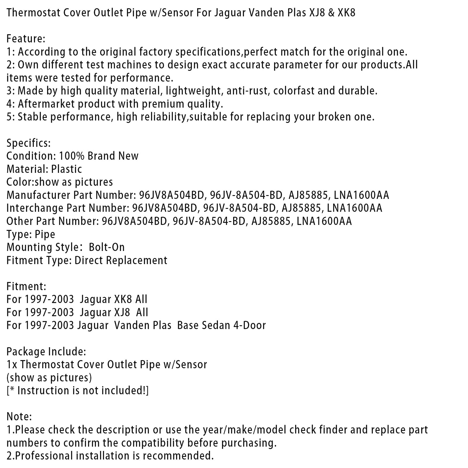 Jaguar Vanden Plas XJ8 uit 1997-2003 & XK8 Thermostaatdeksel Uitlaatpijp met Sensor