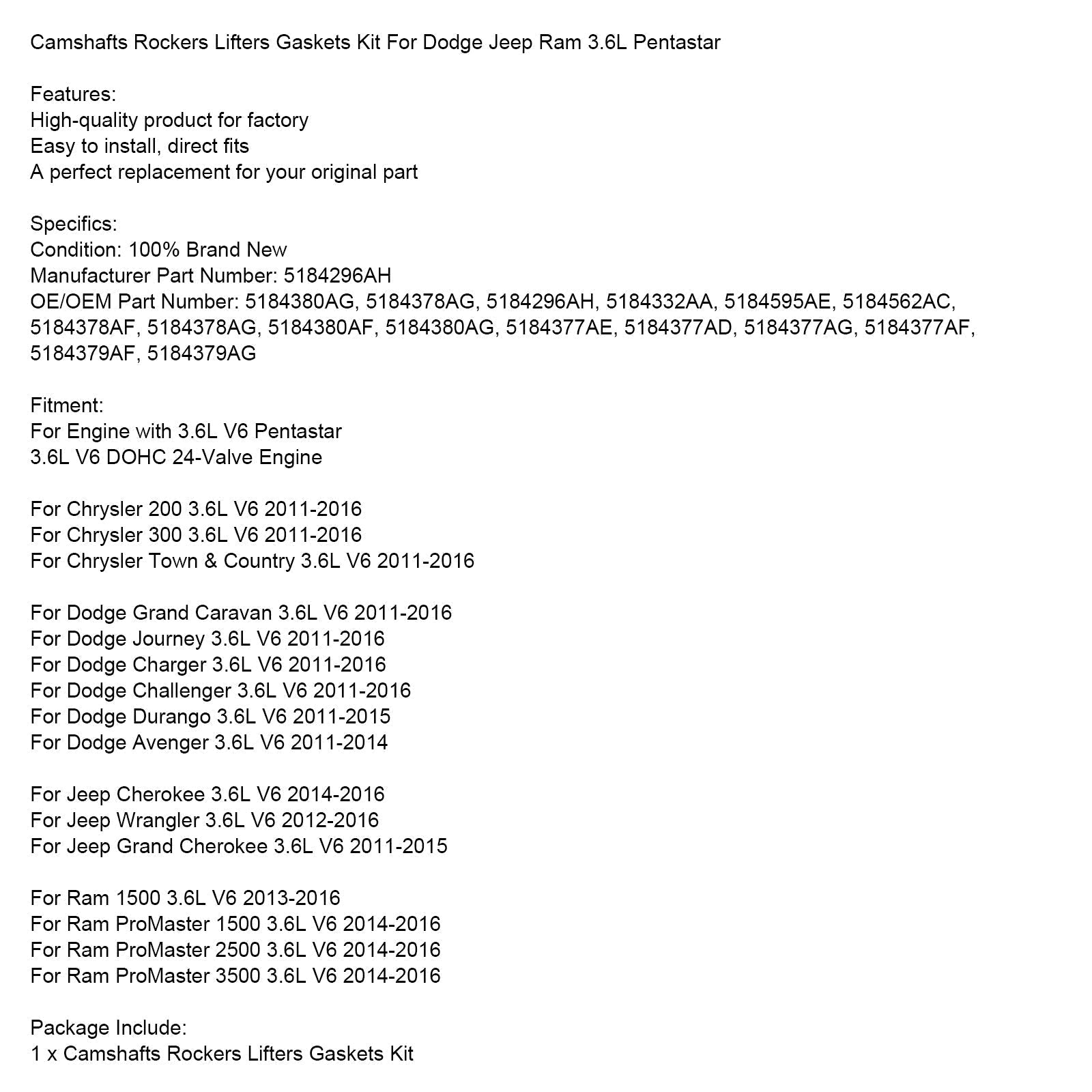 2011-2015 Jeep Grand Cherokee 3,6 l V6 Camshaft Rockers Zdvíhače Gaskets Kit 5184296AH