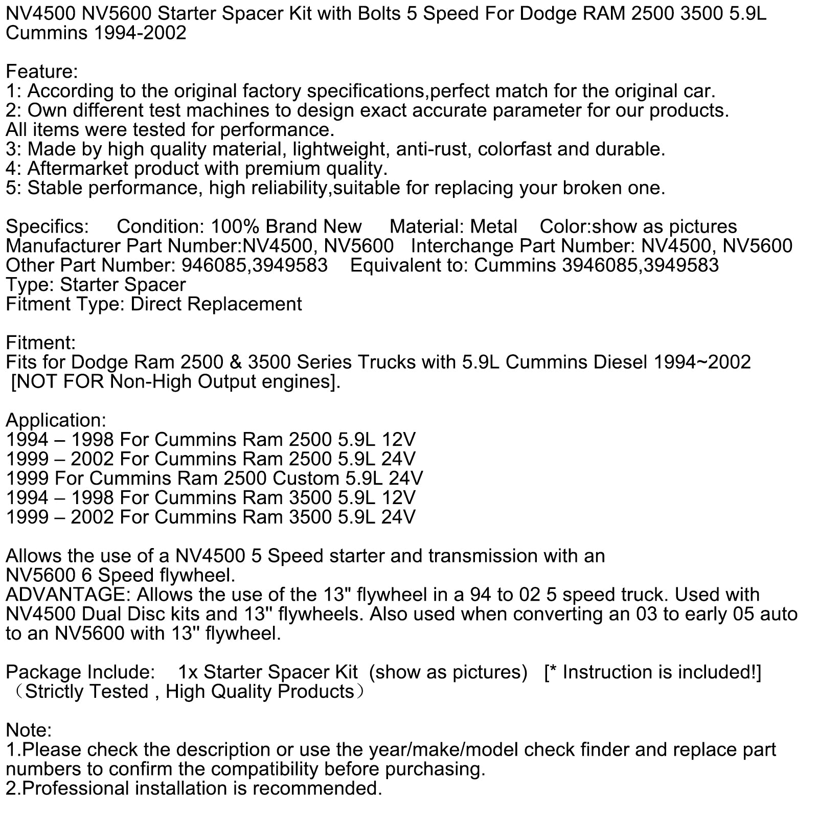 NV4500 NV5600 Starter Spacer Kit with Bolts 5 Speed For Dodge RAM 2500 3500 5.9L