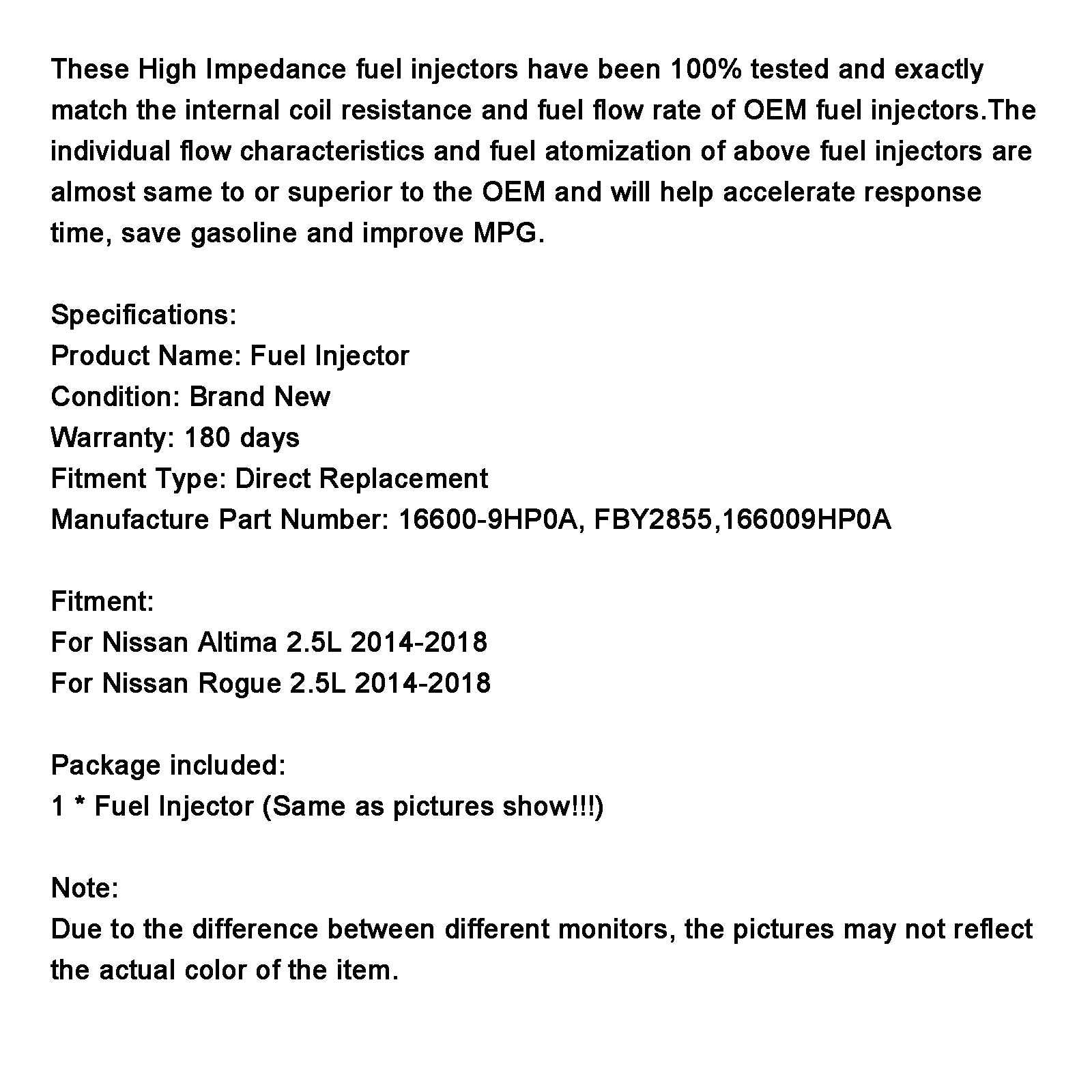 1pcs injecteur de carburant 16600-9hp0a fit nissan altima 2015-2017 2.5L i4 fby2855