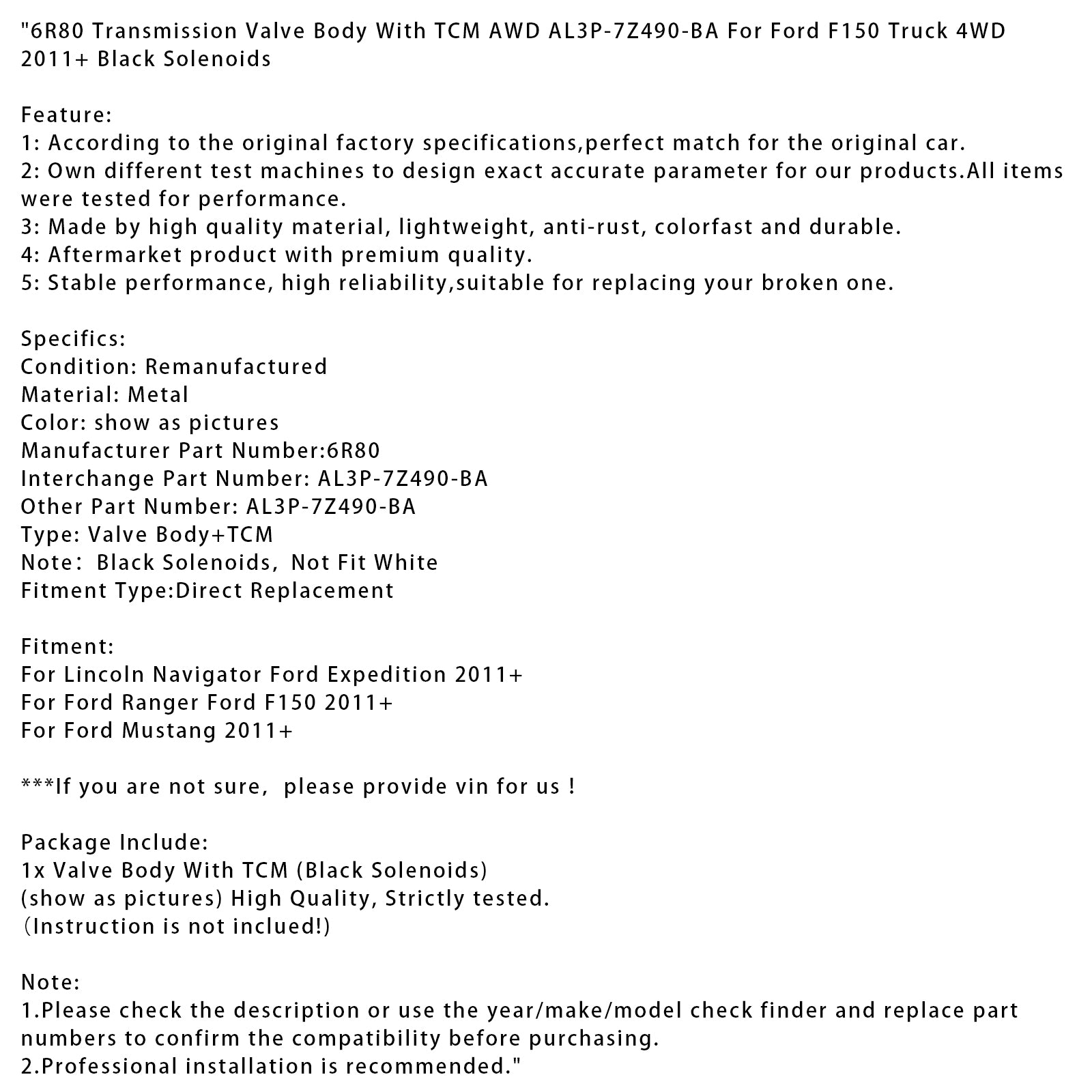 6R80 Válvula de transmissão Corpo com TCM AWD AL3P-7Z490-BA PARA FORD F150 CAMINHOR 4WD