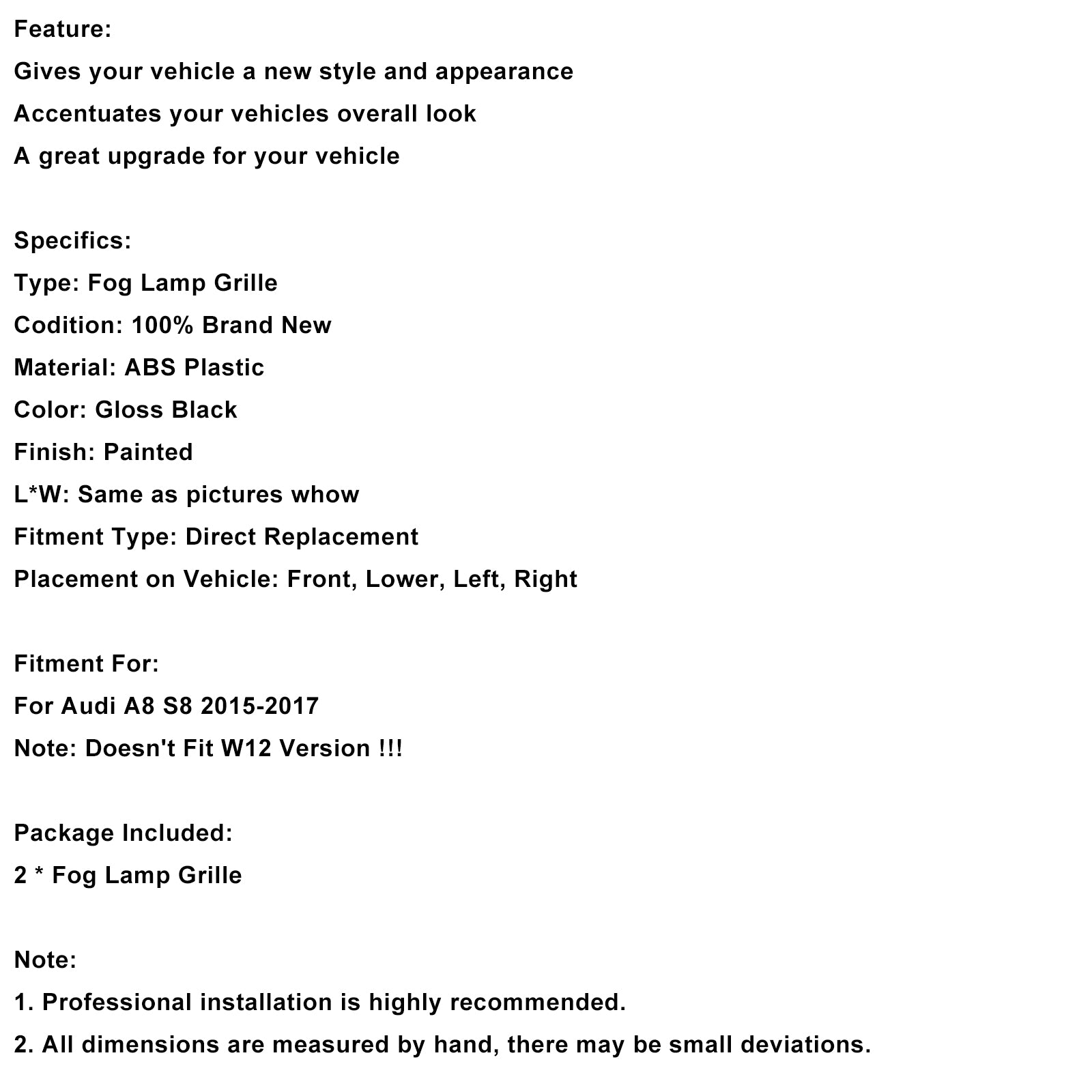 2015-2017 Audi A8 S8 2PCS Black Fog Fog Grill Grille Light Cover